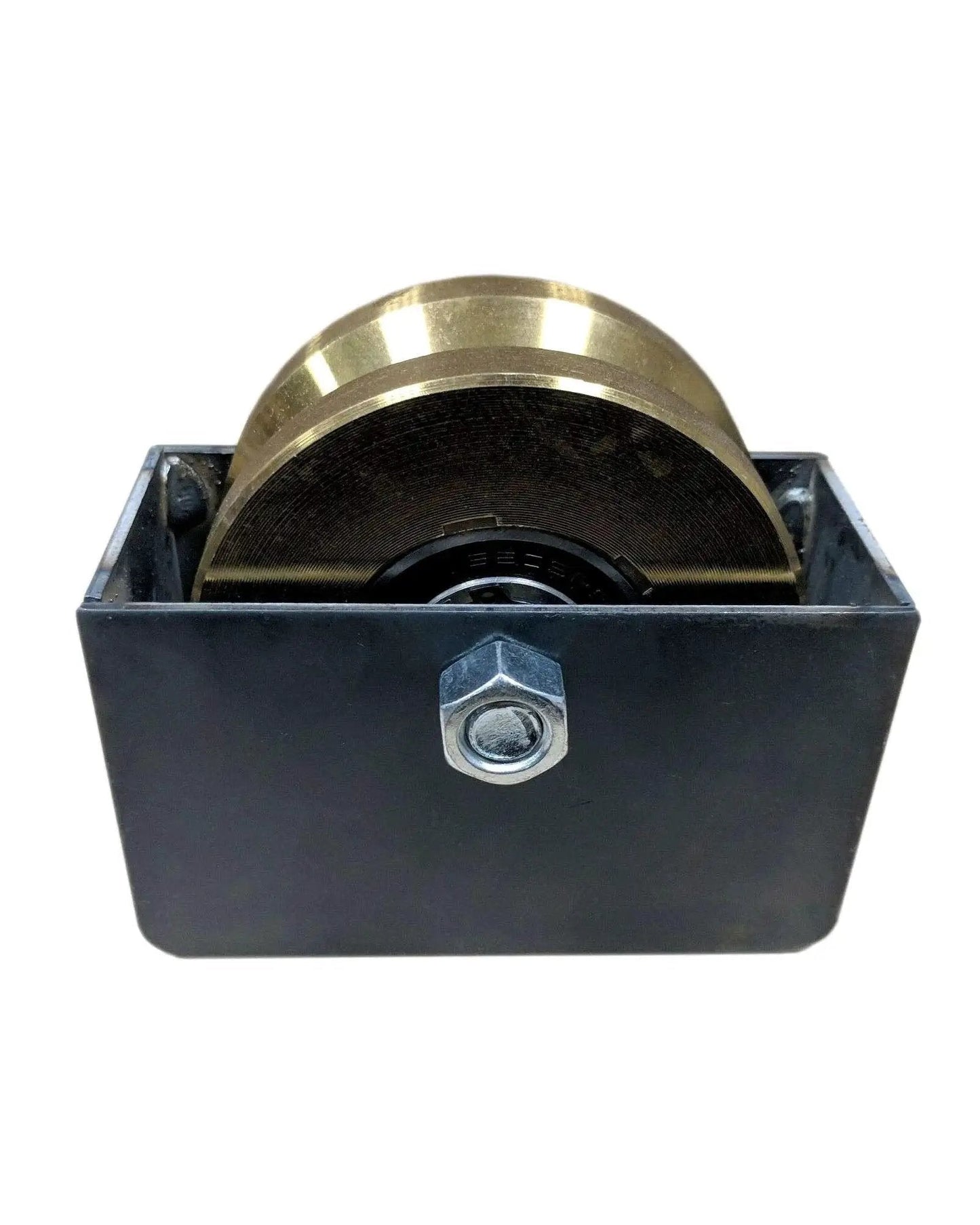 Front view of Rugged 4 Inch V Groove Caster Wheel With Box For Sliding Gates Heavy Duty Gate Roller With 6205RS Double Bearings