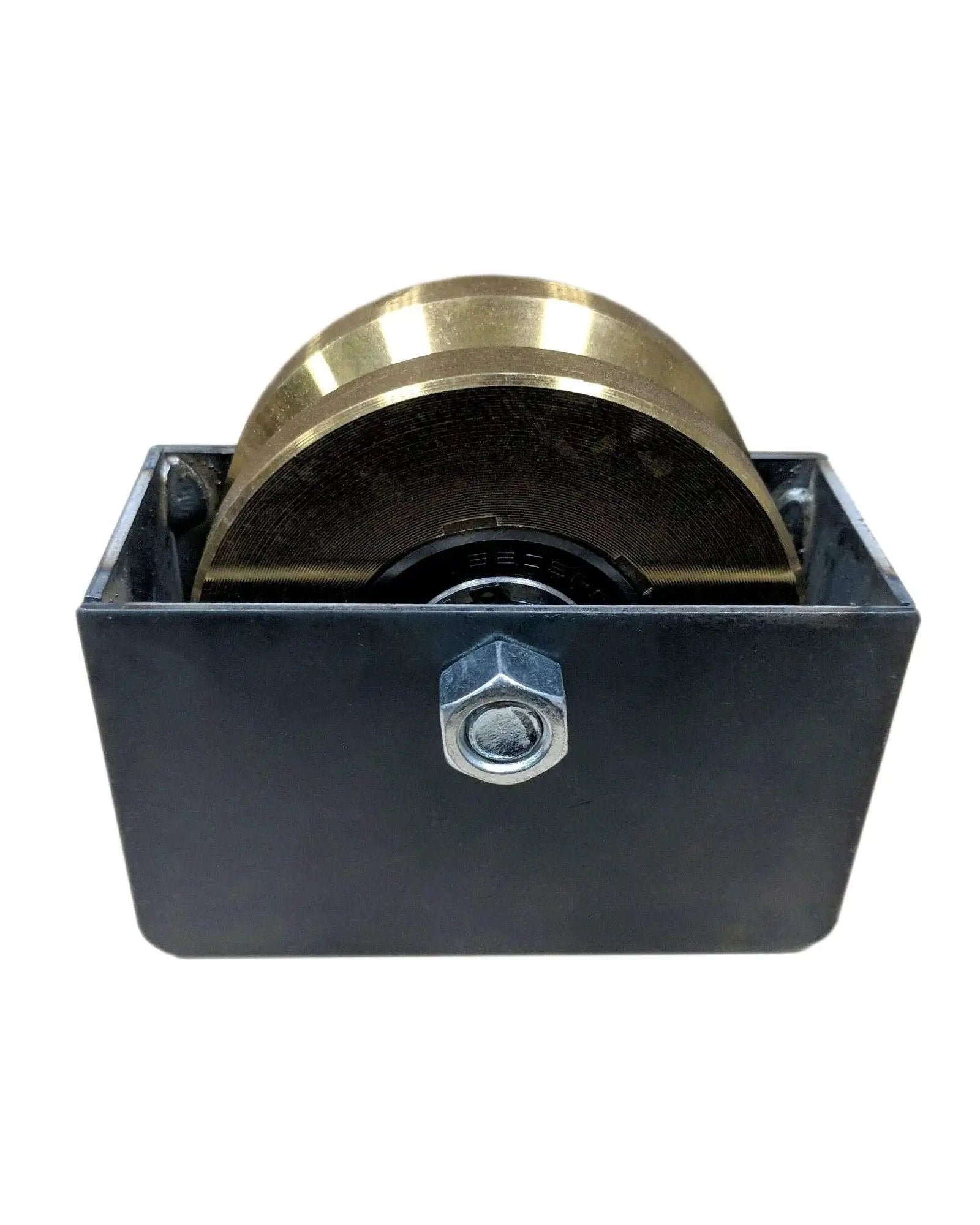 Front view of Rugged 4 Inch V Groove Caster Wheel With Box For Sliding Gates Heavy Duty Gate Roller With 6205RS Double Bearings