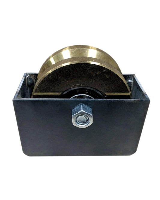 Front view of Rugged 4 Inch V Groove Caster Wheel With Box For Sliding Gates Heavy Duty Gate Roller With 6205RS Double Bearings