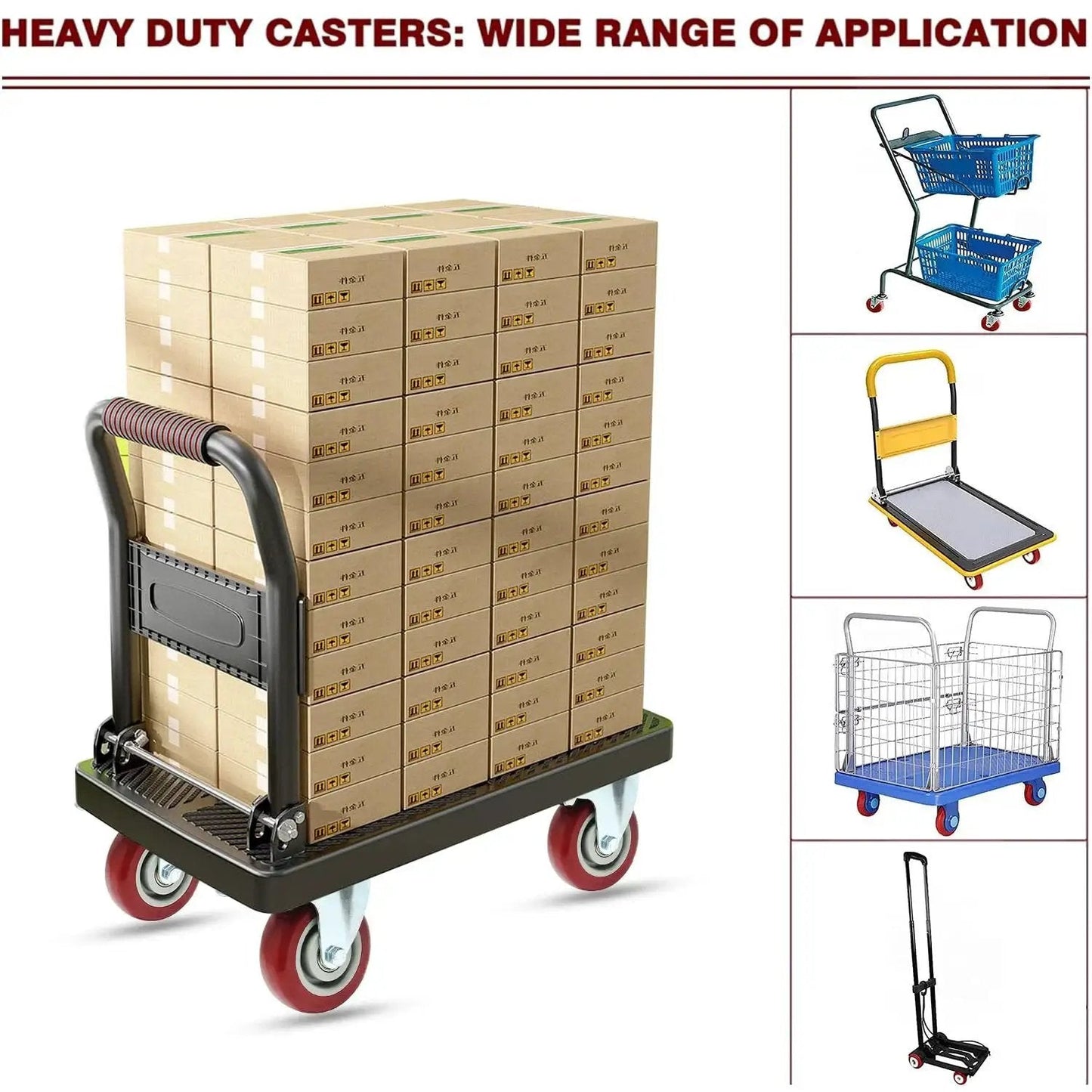 Heavy-duty platform cart with multiple stacks of boxes on 4 Pack 3 Inch PU Caster Wheels With 3 By 8 Bore Heavy Duty Plate Casters