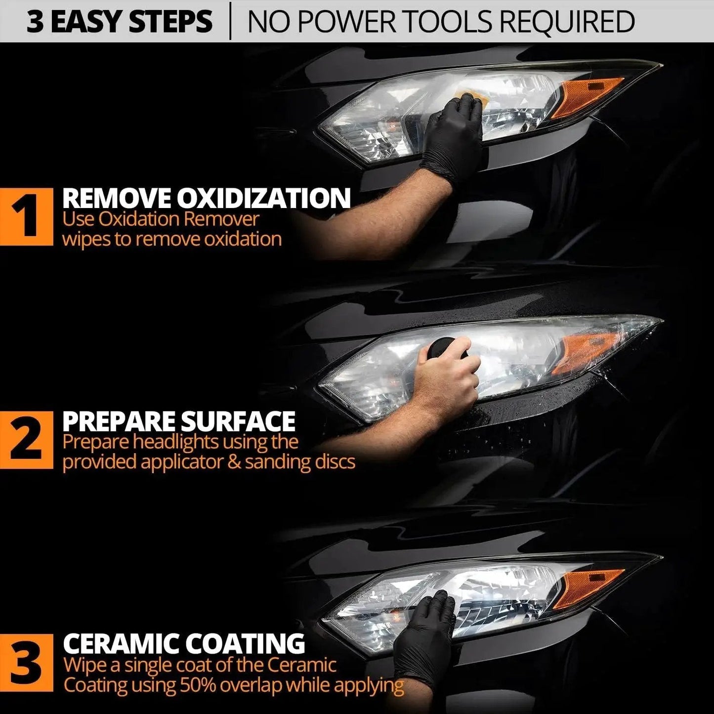 Steps to using Headlight Restoration Kit With Ceramic Coating Wipes For Clear Lasting Results shown on car headlights.