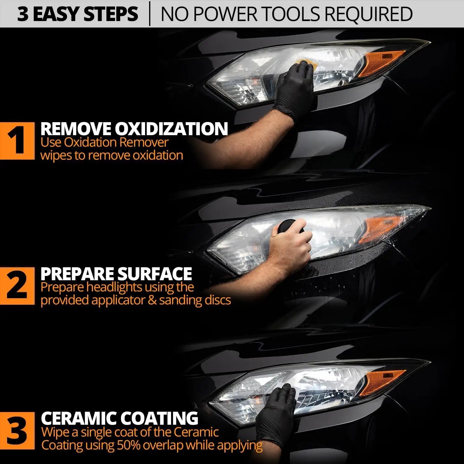 Long Lasting Ceramic Headlight Restoration Kit That Keeps Your Car Lights Crystal Clear No Power Tools Needed Includes 8 Oxidation Removing Wipes 1 Sanding Kit And 2 Ceramic Coating Wipes CERAKOTE, showing easy steps for use.