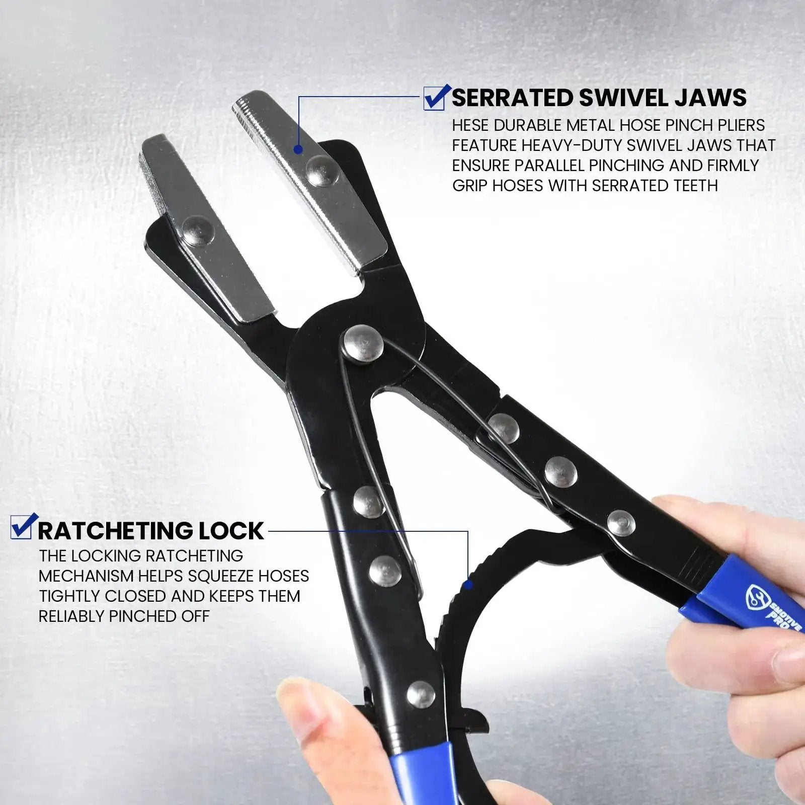 Close-up of 3Pcs Ratcheting Hose Pinch Off Pliers Set For Automotive Cooling And Fuel Lines, showing serrated swivel jaws.