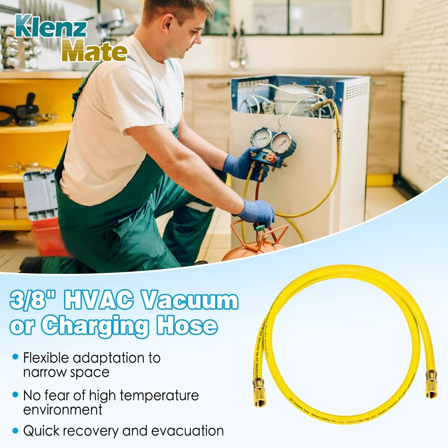 Technician using 72 Inch 3/8 Inch HVAC Vacuum Hose Pro Grade With Standard 3/8 X 3/8 Flare Fittings Low Resistance High Flow For Fast Evacuation And Recovery 20 Micron Vacuum Yellow Color Coded For Vacuum And Charge