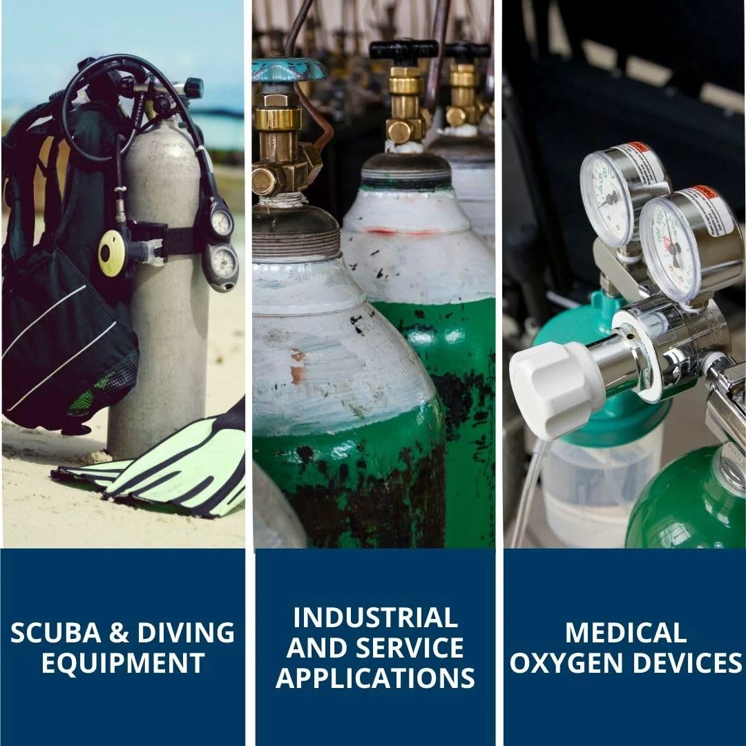 Scuba diving gear with oxygen tanks, industrial gas cylinders, and medical oxygen devices for regulators and safety valves.