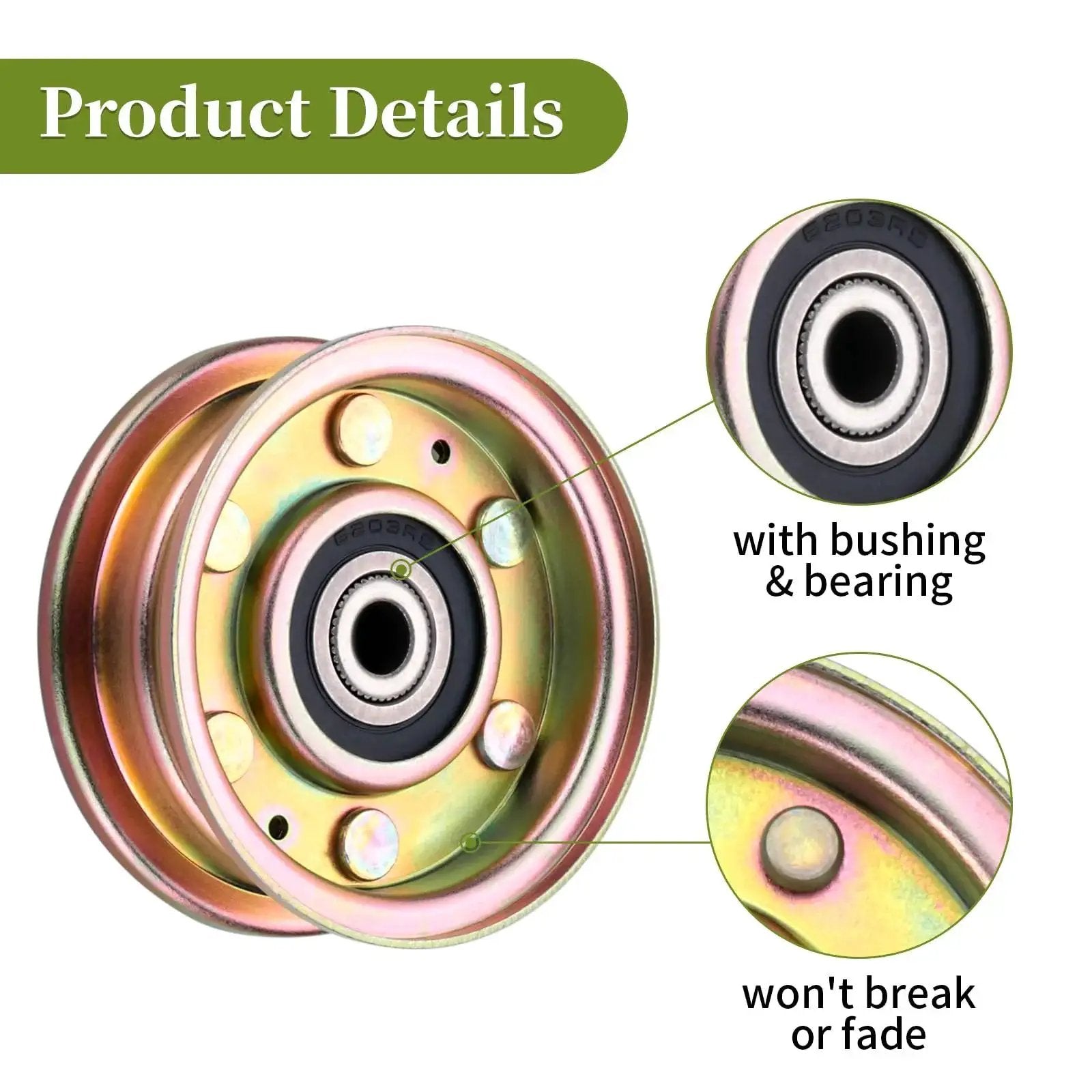 Replacement Idler Pulley 756-04224 756-0981 756-0981A 756-0981B Flat Belt Tensioner with bushing and bearing details