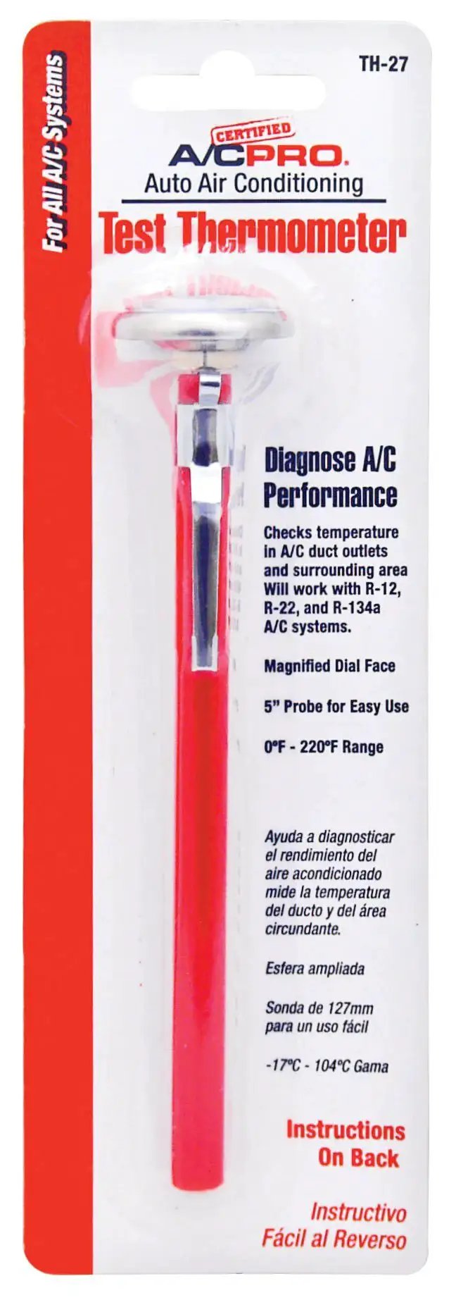 Car AC Diagnostic Thermometer With 1 Inch Dial And 5 Inch Probe 0 To 220F in packaging showing red probe and dial