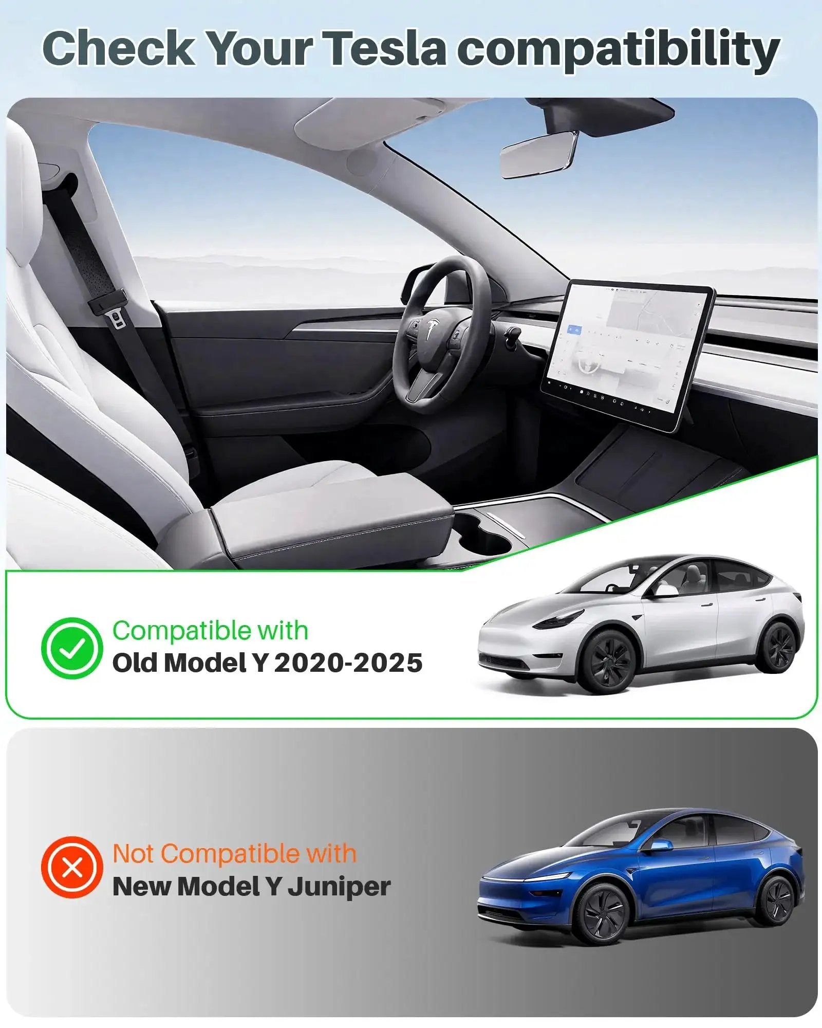 Interior view of Tesla Model Y, dashboard and steering, with compatibility notice for models 2020-2025, excluding New Model Y Juniper.