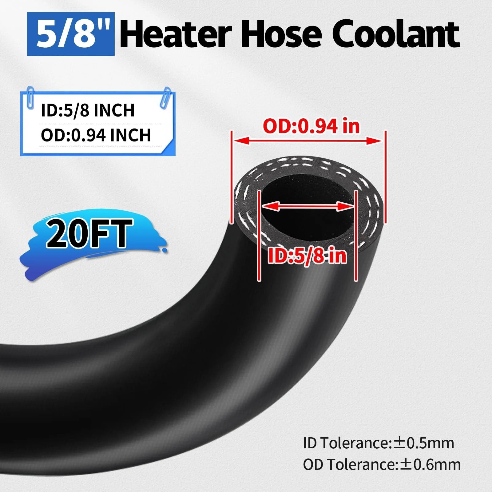 Five Eighth Inch Heater Hose For Water Coolant And Fuel Systems, EPDM Hose With Two Spiral Layers, Heavy Duty Radiator Line, SAE J20R3 D2 Certified, 100 PSI Working Pressure, Inner Diameter 0.625 In, Outer Diameter 0.94 In, 20 Ft Length