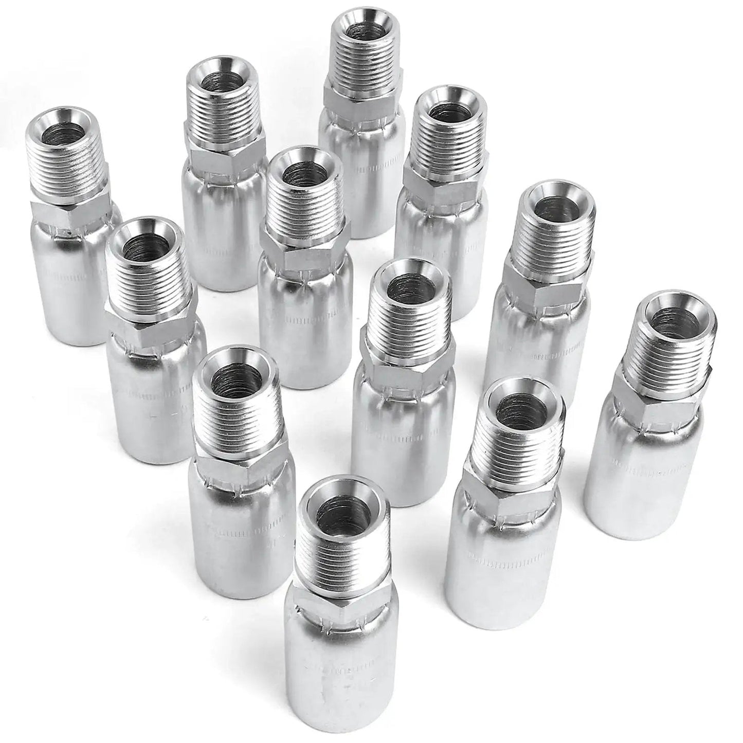 12 Pack 1/2 Inch Hose To 1/2 Inch NPTF Male Hydraulic Crimp Fittings In Heavy Duty Carbon Steel arranged on display