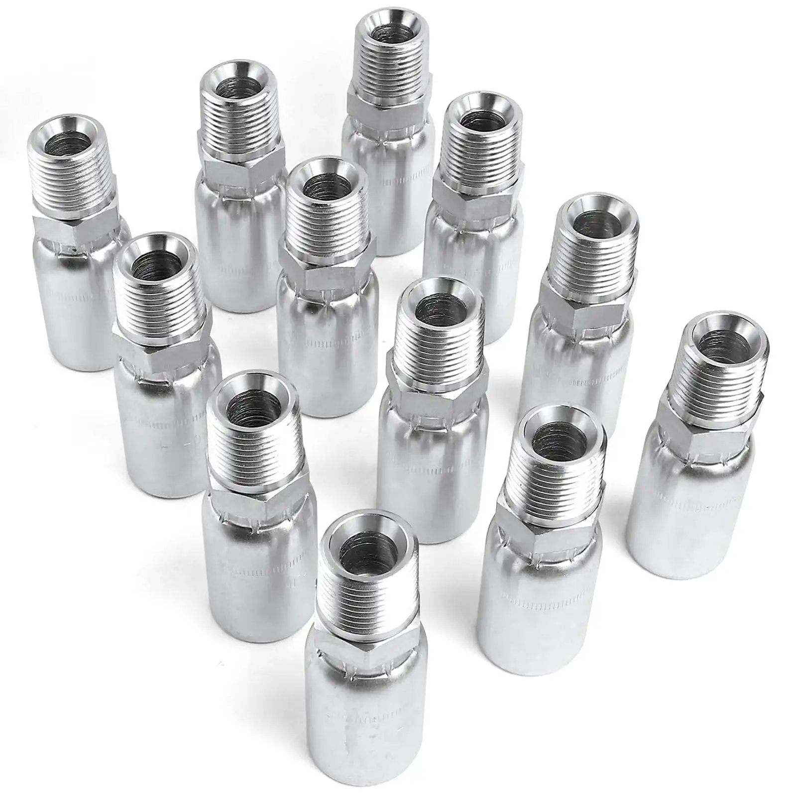 12 Pack 1/2 Inch Hose To 1/2 Inch NPTF Male Hydraulic Crimp Fittings In Heavy Duty Carbon Steel arranged on display