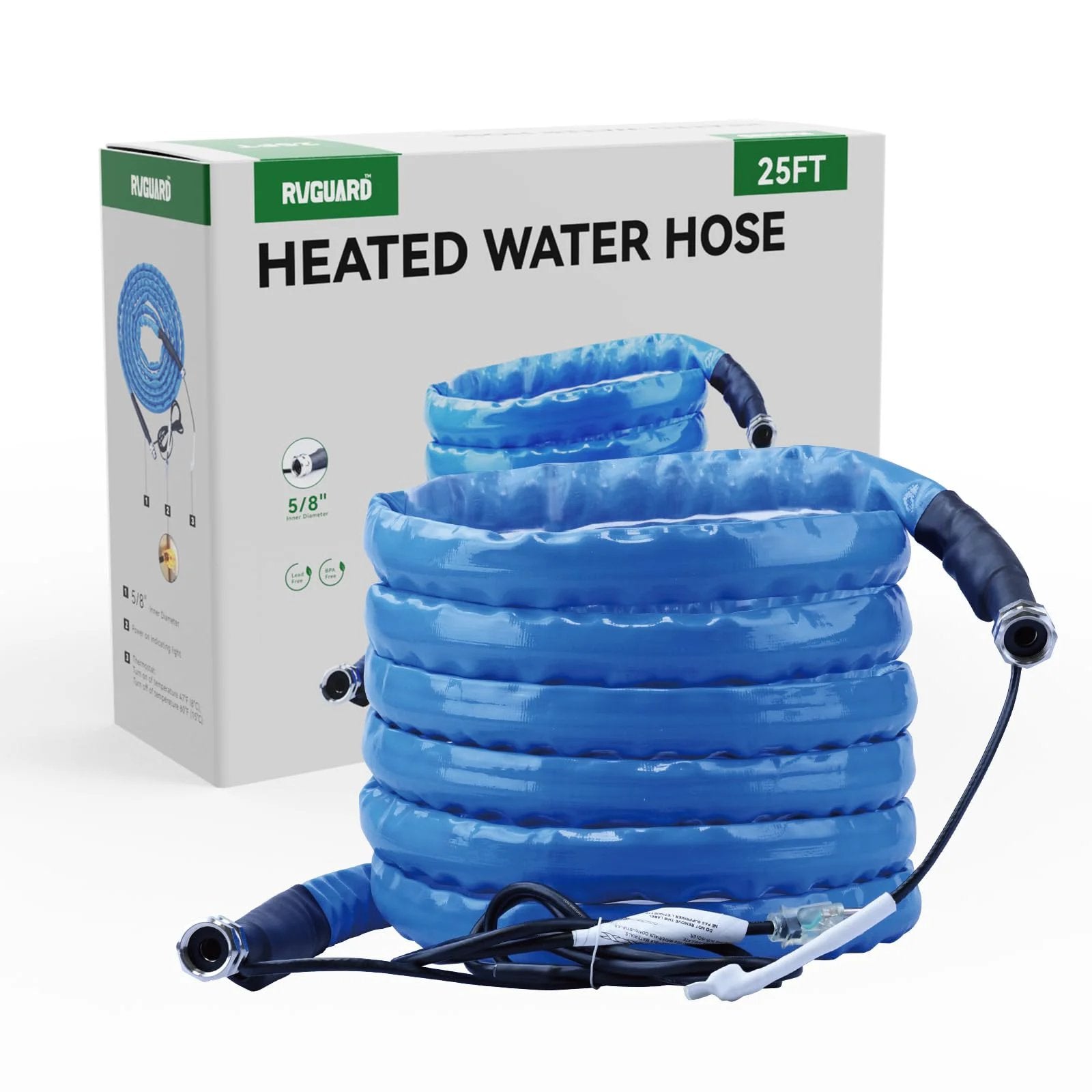 Coiled Heated Water Hose For RV 25 Ft Freeze Protection To Minus 20F With Energy Saving Thermostat Lead And BPA Free UL Heating Cable
