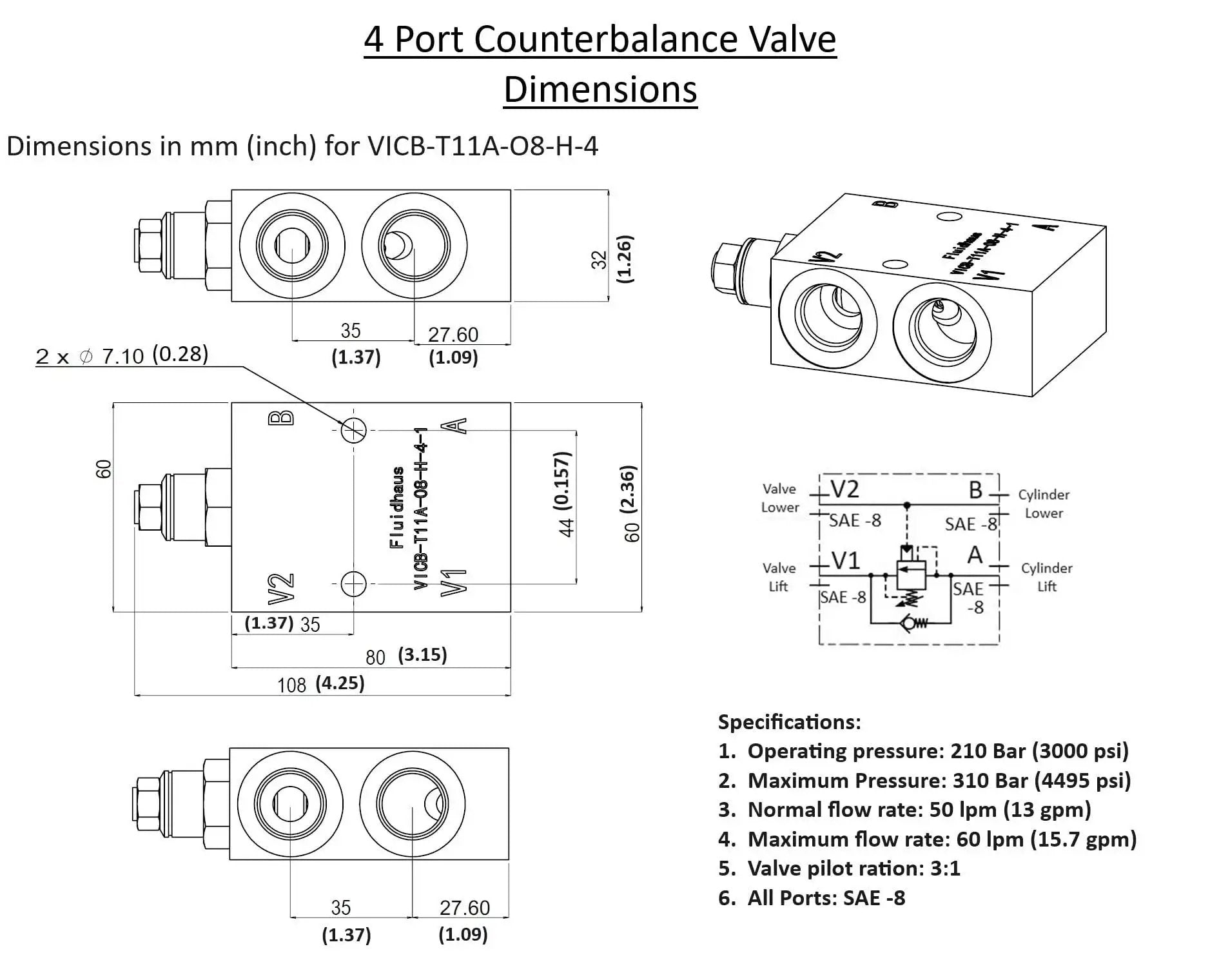 Diagram of 4 Port Inline Hydraulic Counterbalance Load Holding Valve With Body For Heavy Duty Lifts, dimensions and specifications