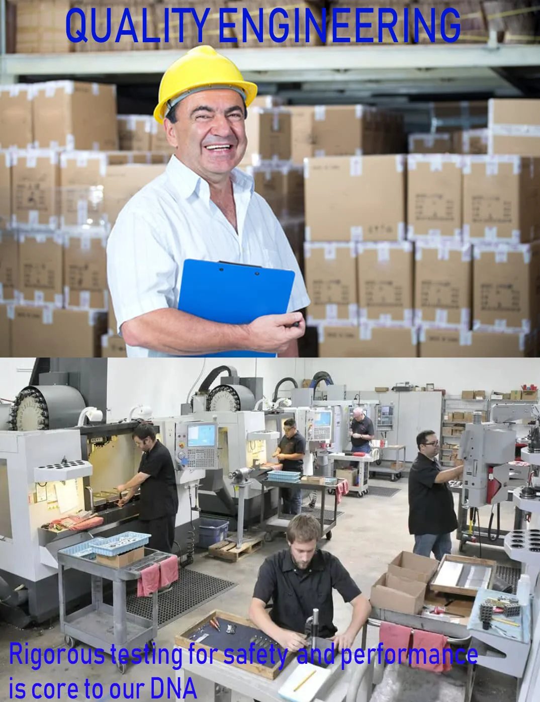 Warehouse worker with safety helmet and clipboard at a quality engineering facility with machinery in the background.