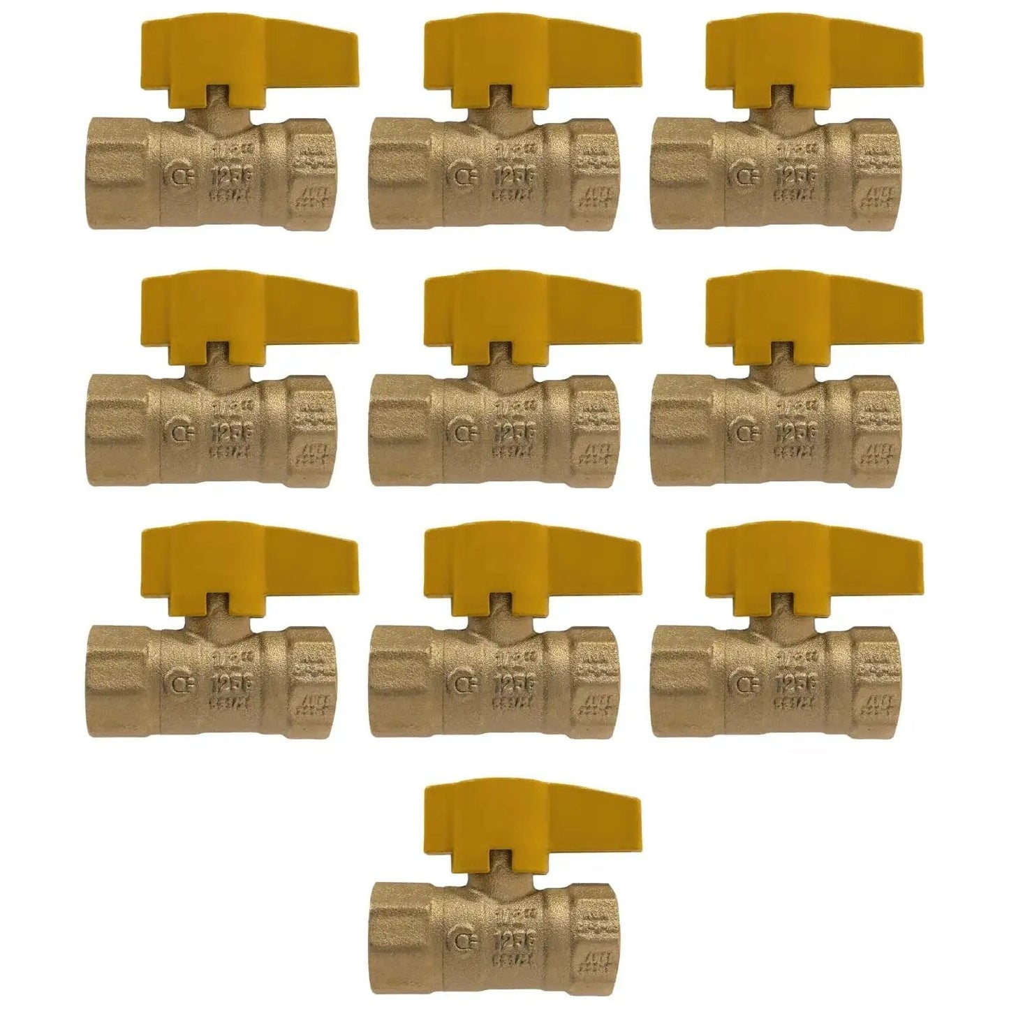 Go To 10 Pack Half Inch IPS Brass Gas Ball Valves For Propane And Natural Gas One Quarter Turn With Metal Handle CSA And UL Approved
