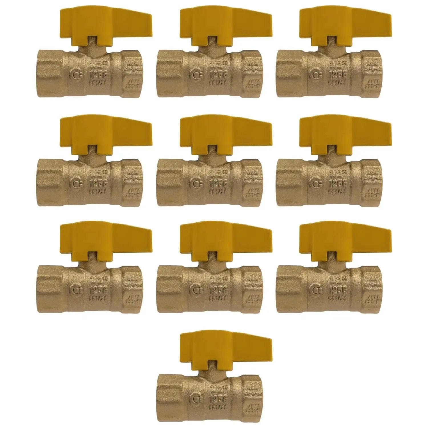 Go To 10 Pack Half Inch IPS Brass Gas Ball Valves For Propane And Natural Gas One Quarter Turn With Metal Handle CSA And UL Approved