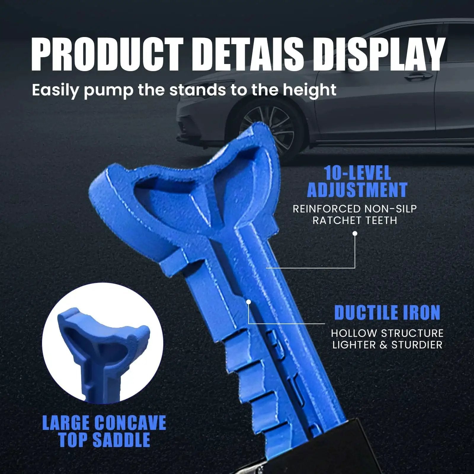 Close-up of 3 Ton Heavy Duty Car Jack Stands Set With Adjustable Height From 11.22 To 16.77 Inches For Lifting SUVs Top Saddle