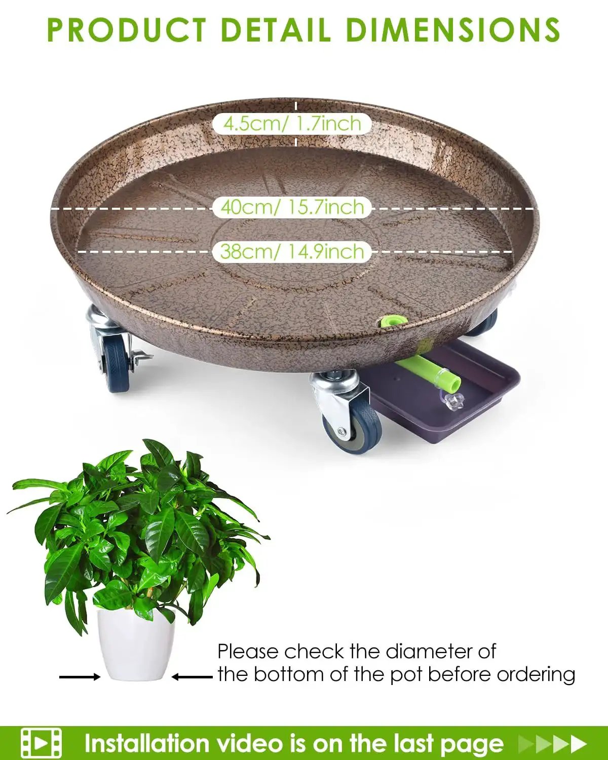 Product dimensions of 2 Pack 15.7 Inch Large Plant Stand With Lockable Wheels Heavy Duty Plant Caddy With Casters for indoor and outdoor use.