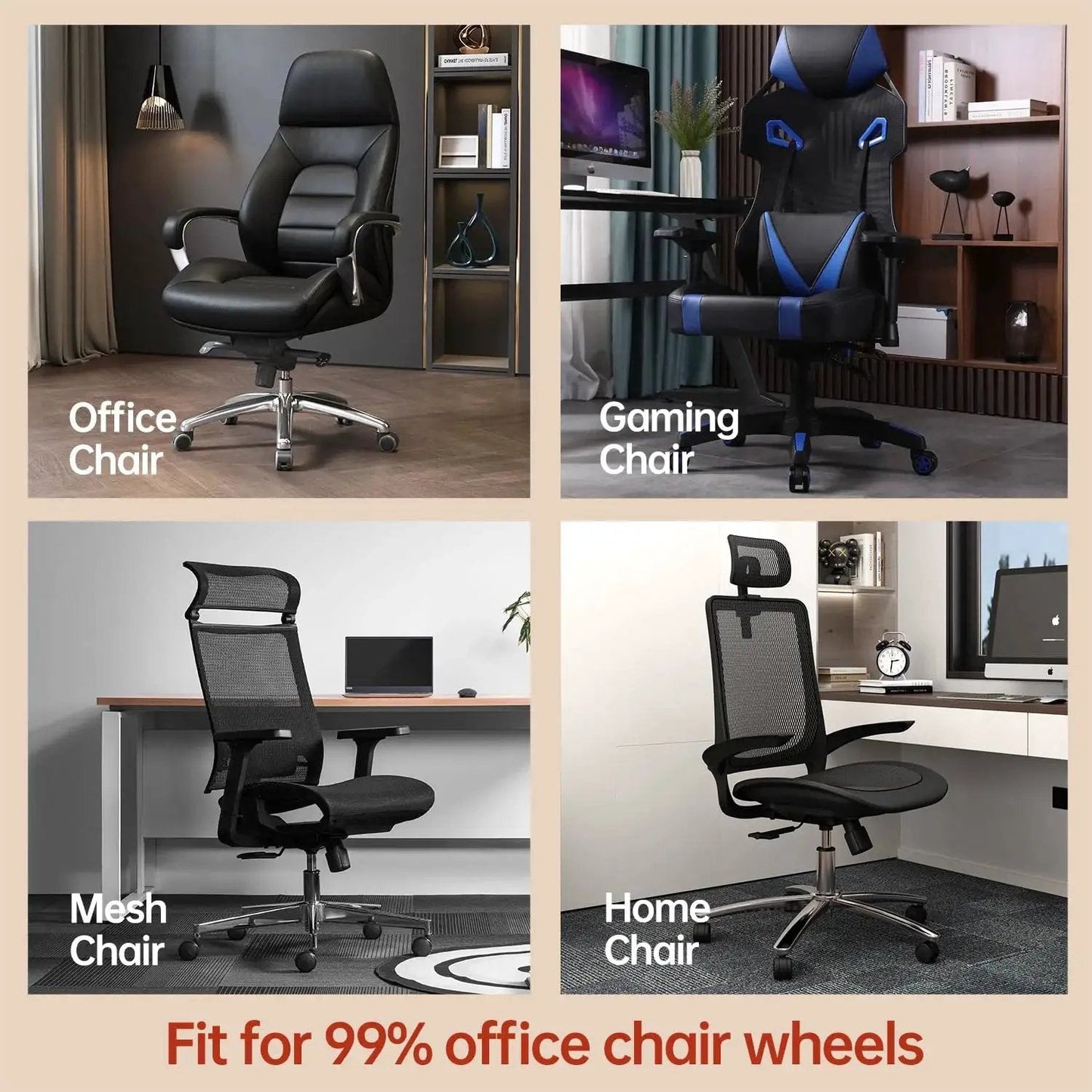 3 Inch Office Chair Wheels Set Of 5 Double Rollerblade Replacement For Smooth Quiet Rolling On Hardwood Floors And Carpets Heavy Duty Non Marring Black Wheels For Office And Gaming Chairs shown on various chair types