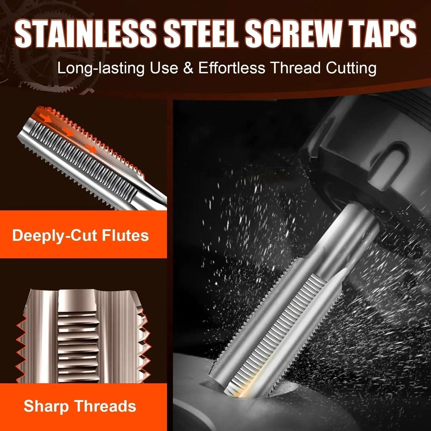 Stainless steel screw taps with deeply-cut flutes and sharp threads in action. Part of Thread Repair Kit With HSS Drill Bit And 30 Stainless Inserts M6x1 Rethreading.