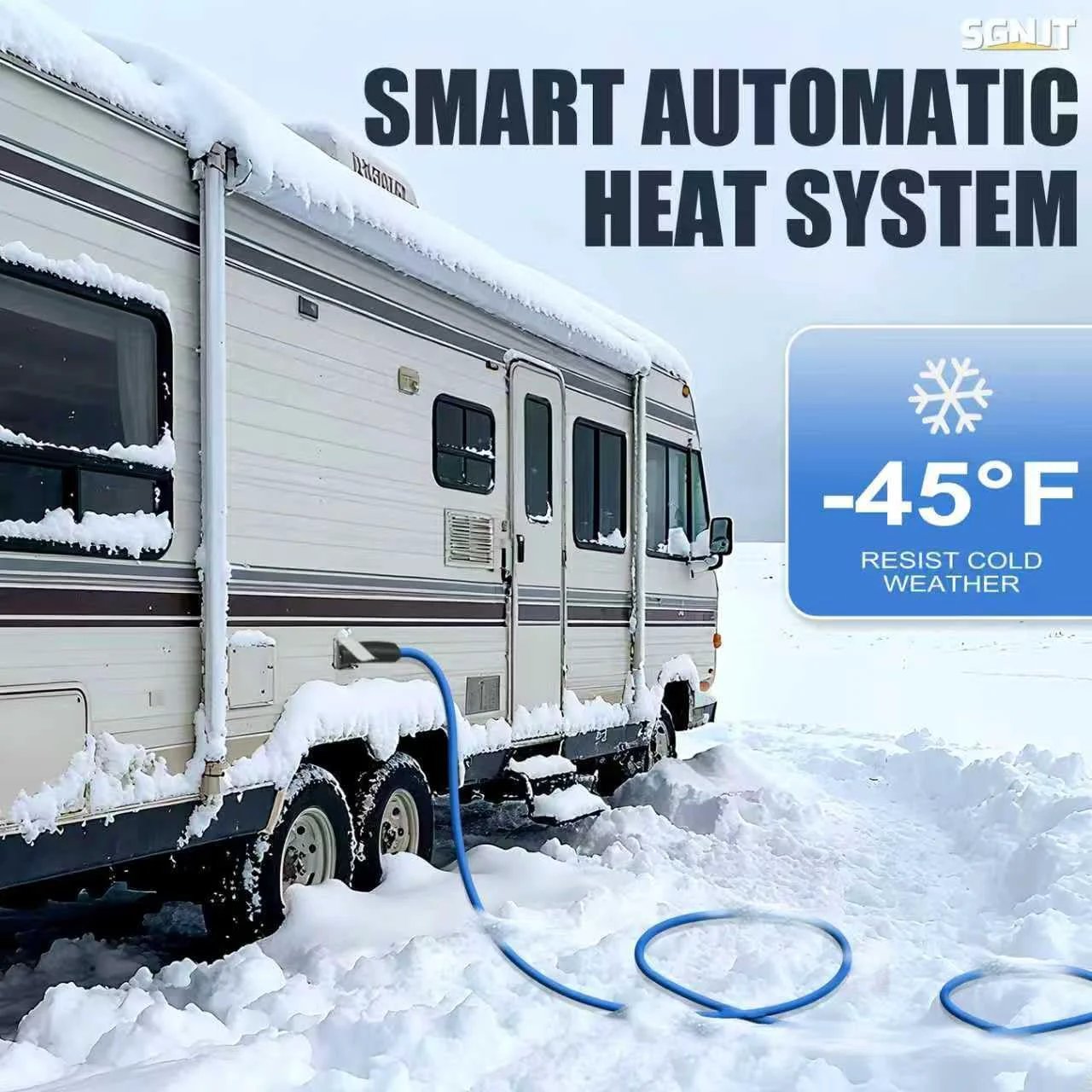 RV with Heavy Duty 50 Ft Heated RV Water Hose With Thermostat Self Regulating For Winter Use BPA And Lead Free Drinking Water Hose One Half Inch Inner Diameter Cold Weather Ready Down To 40F Blue Camping Must Have RV Accessory in snowy weather