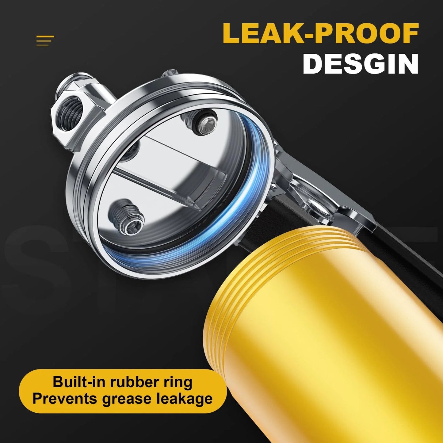 Close-up view of 8000 PSI Grease Gun Kit With Leak Proof Pistol Grip And Lock Coupler, showcasing leak-proof design and rubber seal.