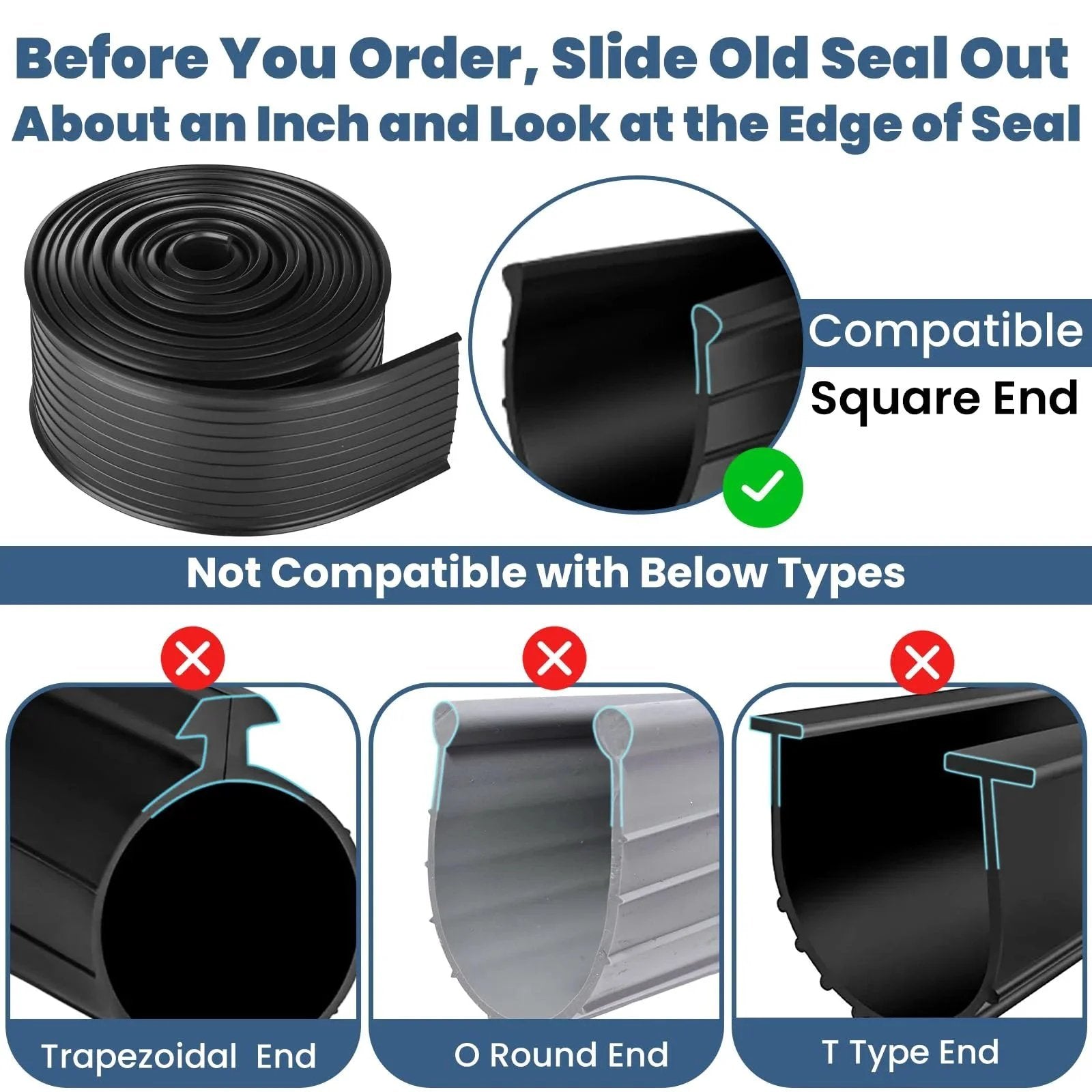 Diagram showing 16Ft Replacement Garage Door Bottom Seal Vinyl Weather Stripping for Wayne Dalton 8000 and 9000 Series compatibility with square end.