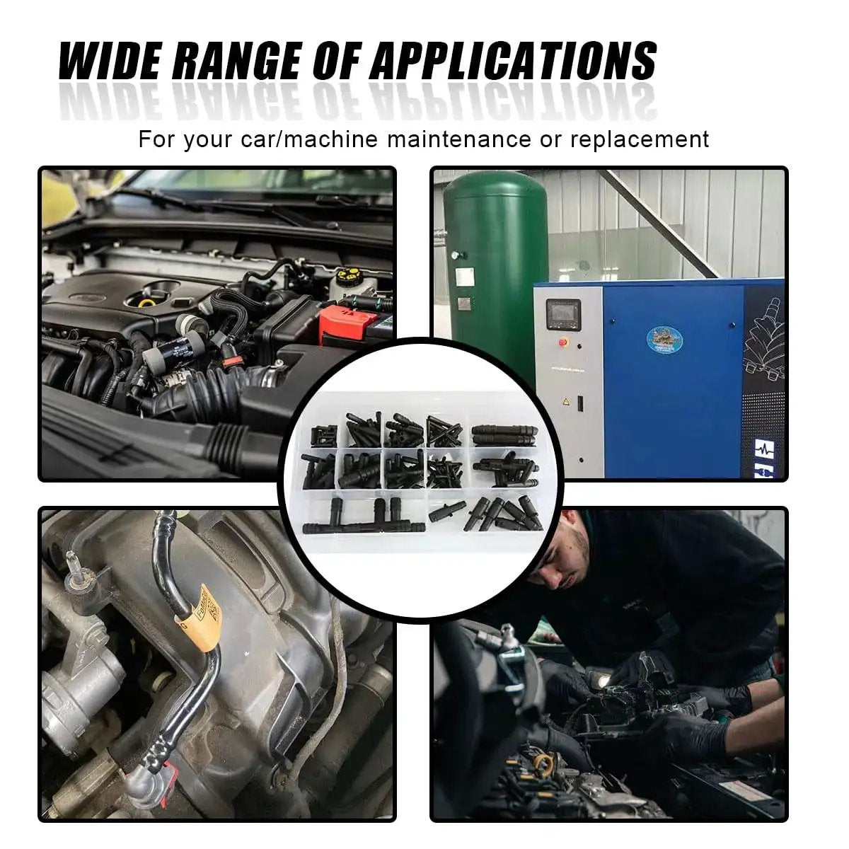Pro Grade Vacuum Line Connector Kit With 12 Sizes Heat Resistant Nylon Barbed Fittings for auto tubing in various applications.