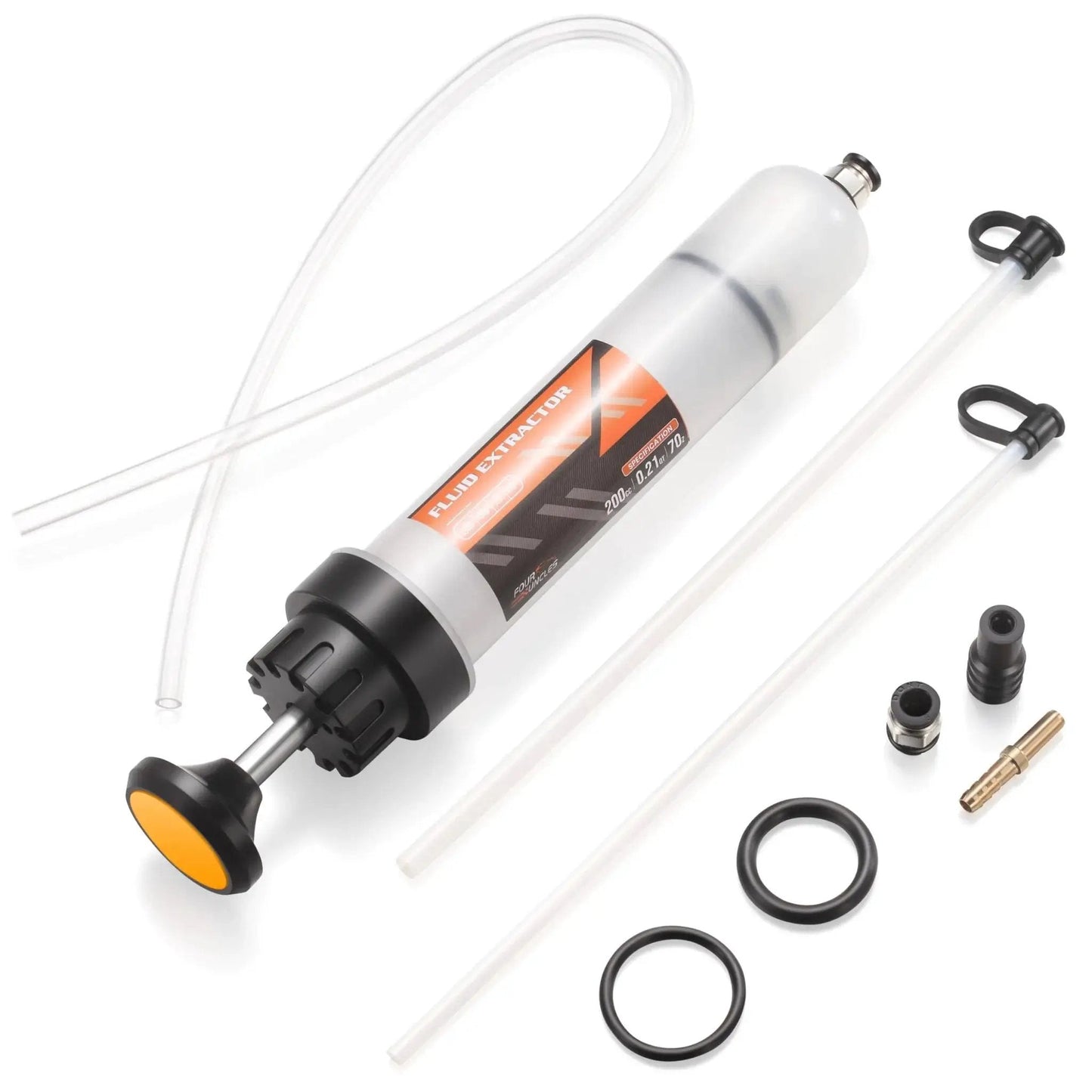 200cc Fluid Extractor And Fill Pump For Automotive Use With 23 Inch Reach Hose, shown with accessories and extended hose