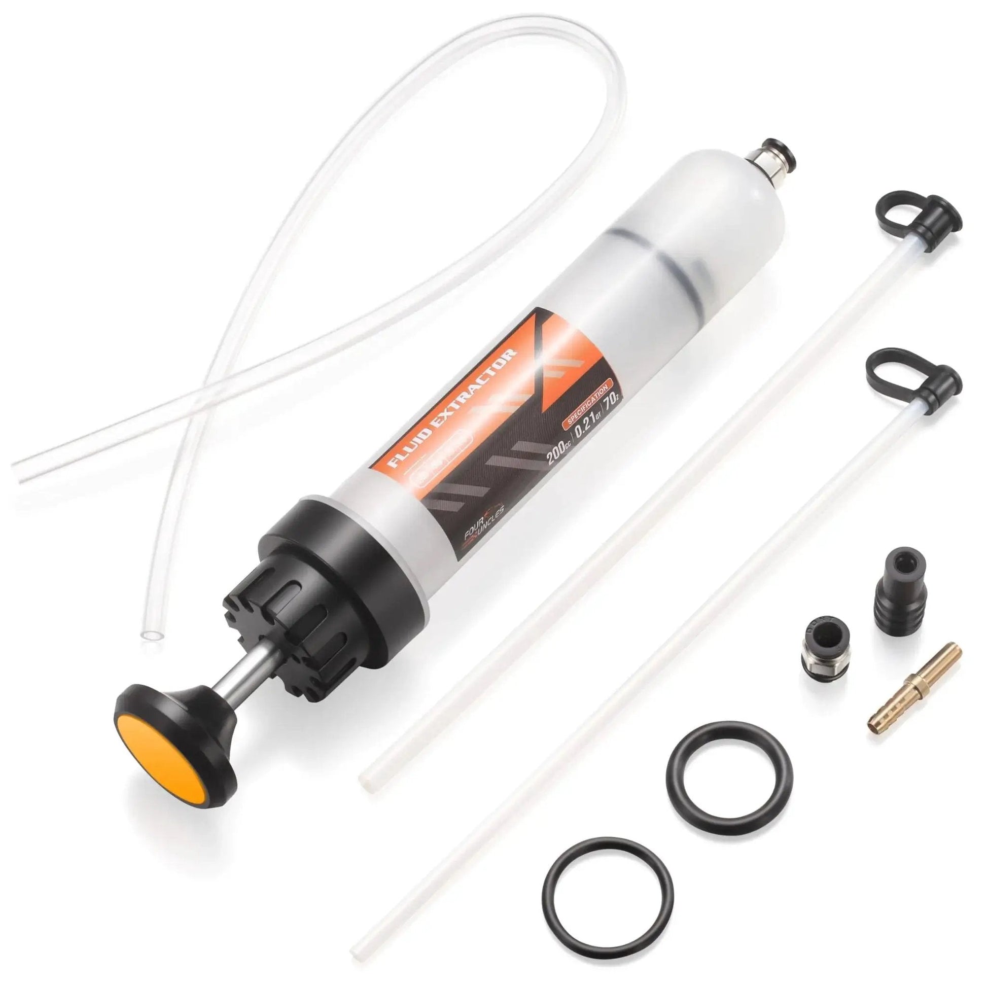 200cc Fluid Extractor And Fill Pump For Automotive Use With 23 Inch Reach Hose, shown with accessories and extended hose