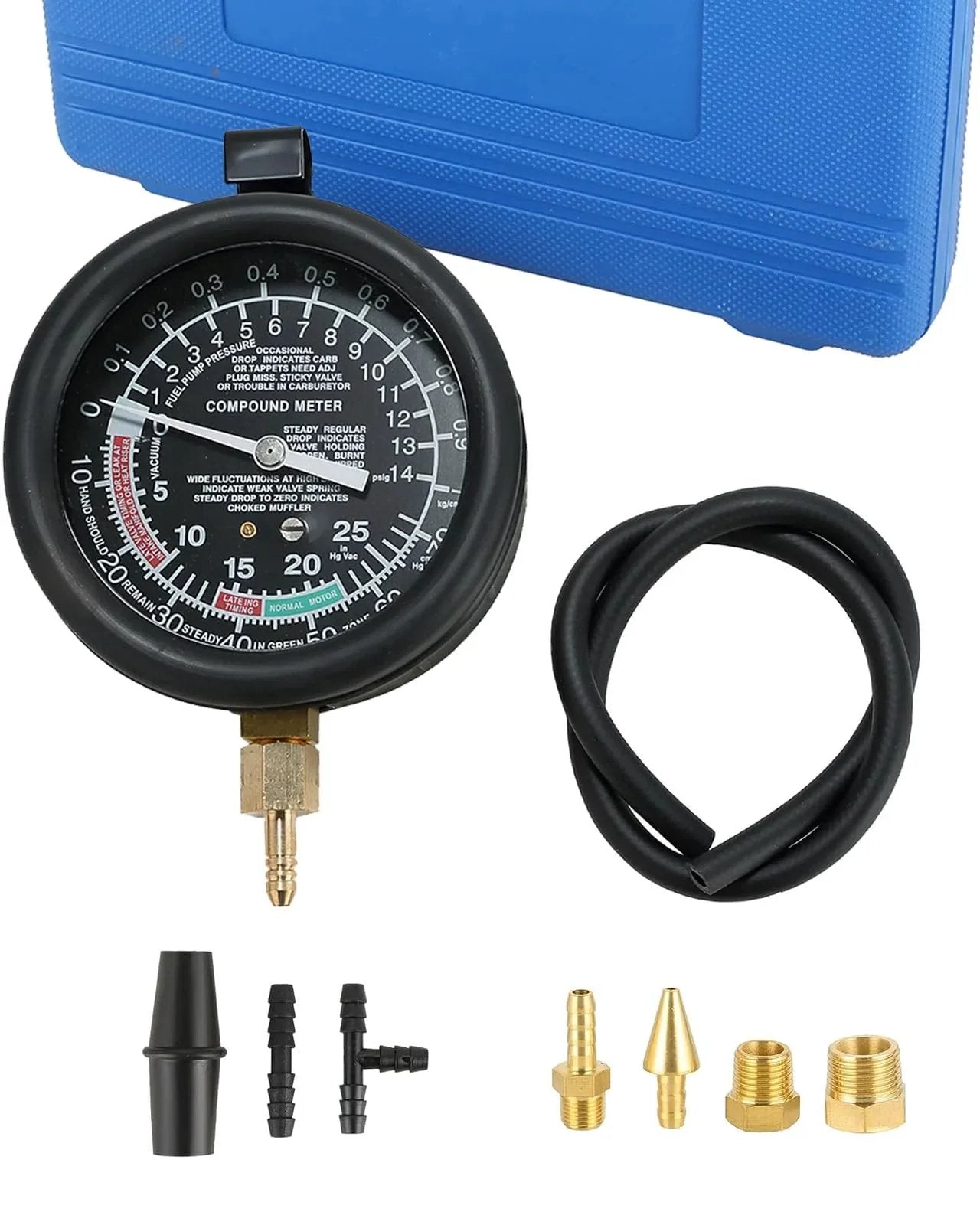 Car Vacuum and Fuel Pump Tester Gauge Kit for Fuel Pressure and Vacuum Diagnostics, includes gauge, hose, and connectors.