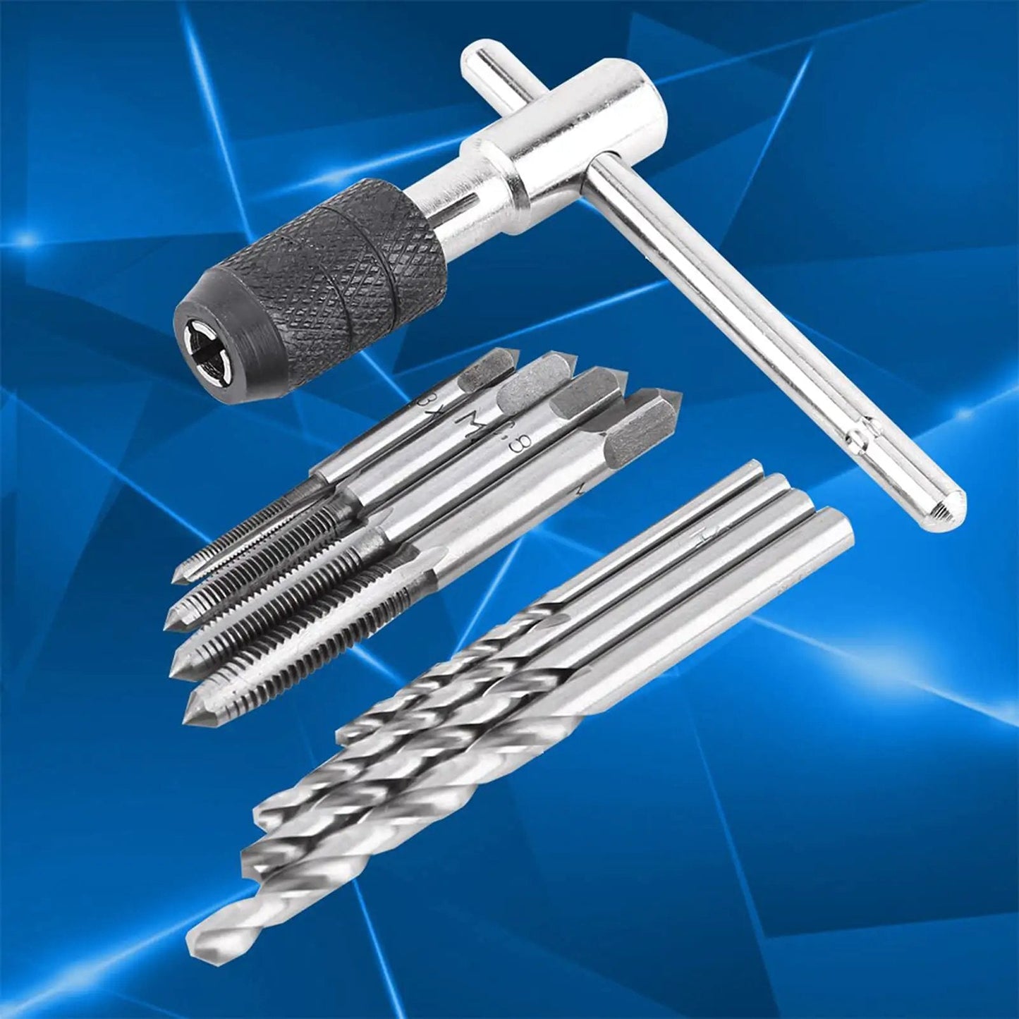 Tap Wrench And Drill Bit Set 9 Piece T Shaped Kit With 4 Taps And 4 Drill Bits Imperial Tools Threading Kit For Metalworking