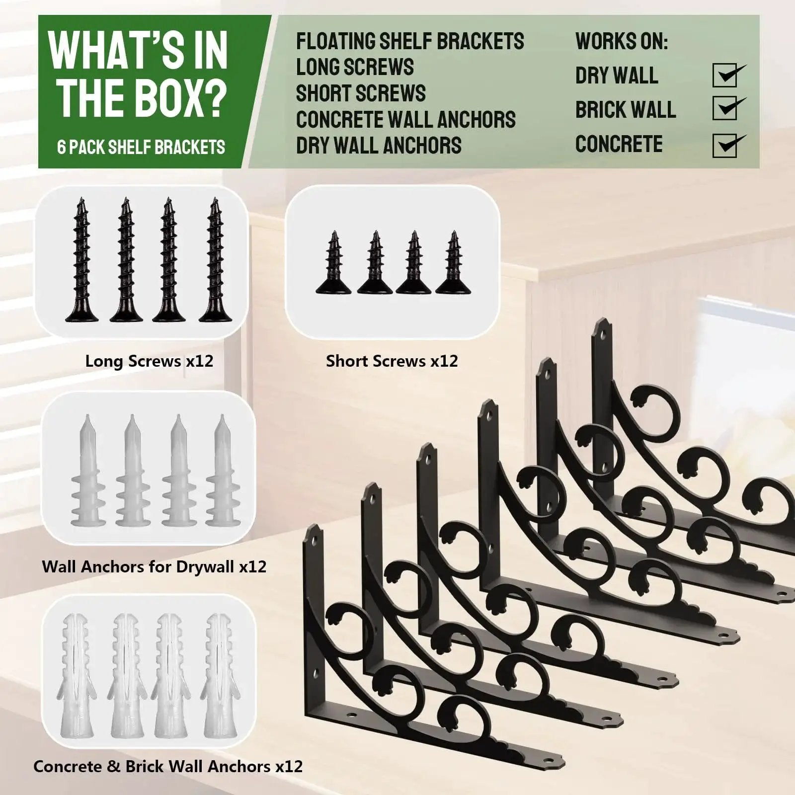 L Shaped Shelf Brackets For 8 To 10 Inch Boards Heavy Duty Metal Floating Shelf Brackets with screws and wall anchors in box