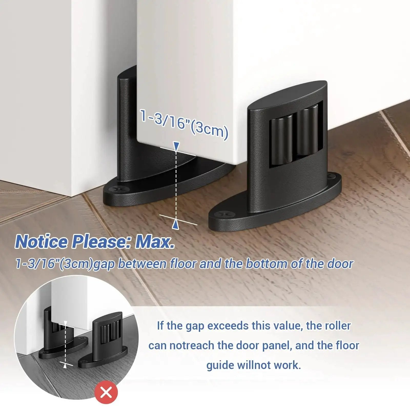 Sliding Barn Door Floor Guide For Bottom Installations, Adjustable Wall Mounted Guide With Flexible Double Wheel Design, 4 Pack, Fits Various Door Thicknesses, Space Saving Lightweight Hardware With Hidden Pulley For Smooth Sliding, Height One And A Half shown with door and floor gap