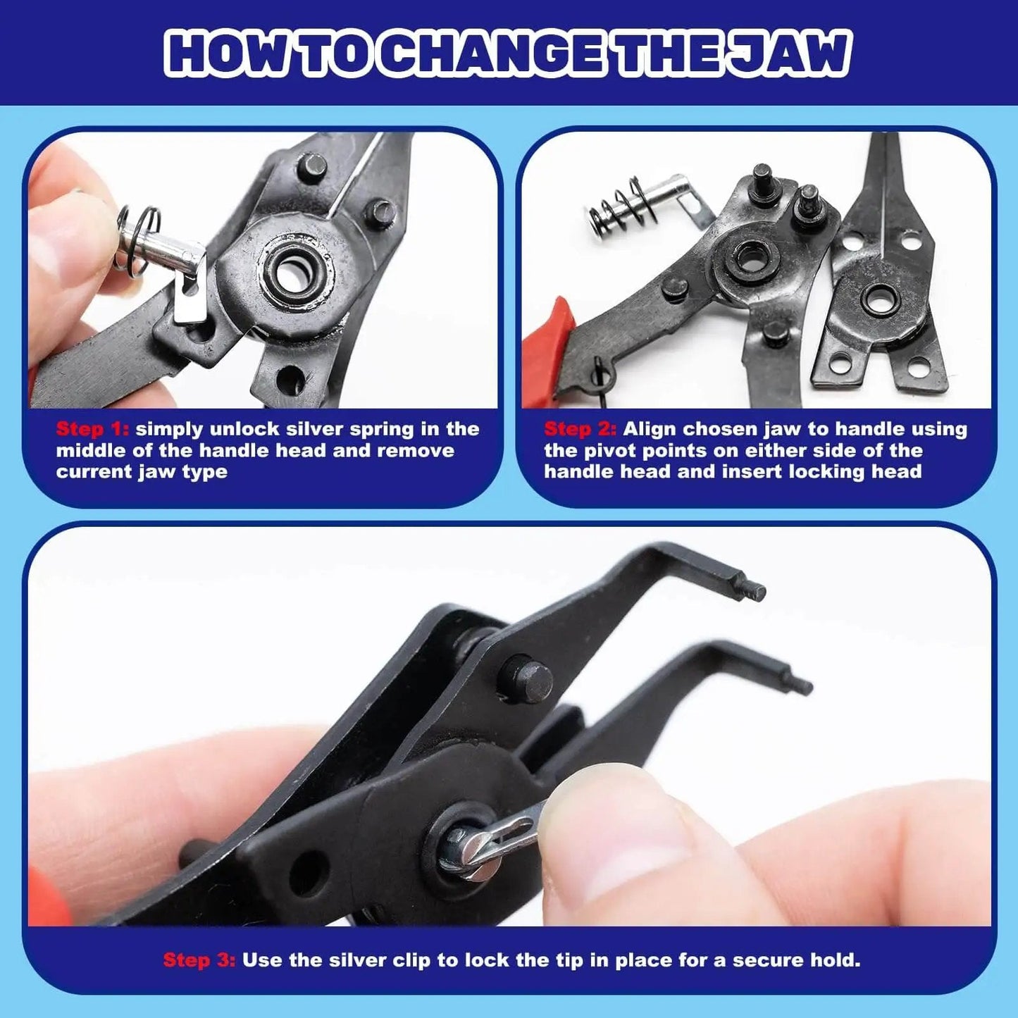 Instructions on changing jaw of Must Have Ultimate C Clip External Retaining Ring Set With 4 In 1 Snap Ring Pliers And Precision Hooks