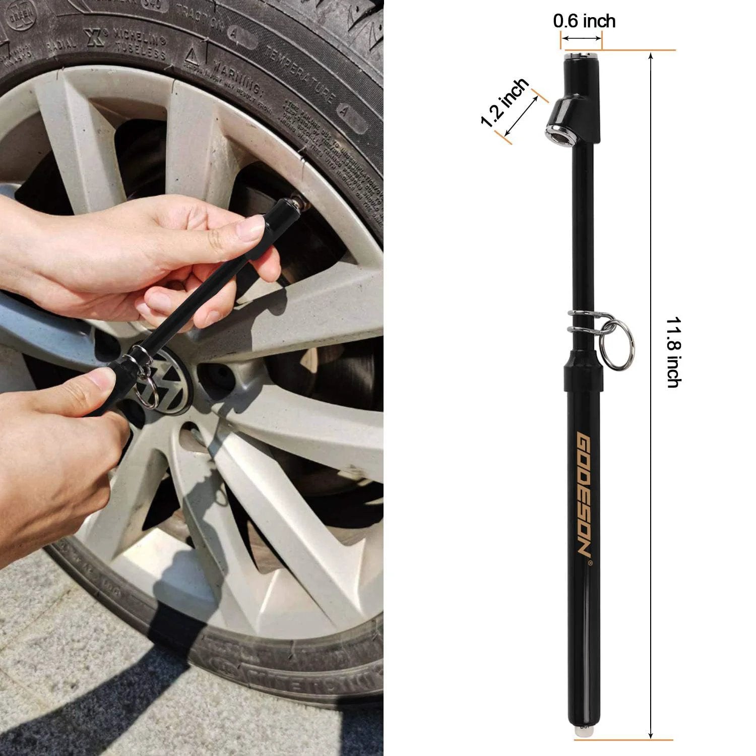 Dual Head Tire Pressure Gauge Pencil Style 10-150 PSI used on car tire, showing straight foot chuck and gauge size