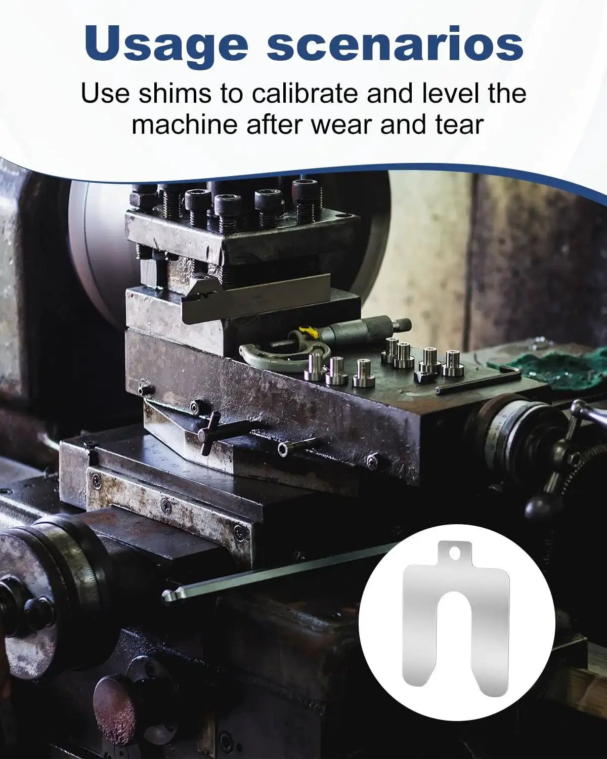 Image of CNC machine with 56 Piece 304 Stainless Steel Shim Kit With 2 By 2 Inch Slotted Shims In Eight Thicknesses From 0.001 To 0.075 Inches for leveling.
