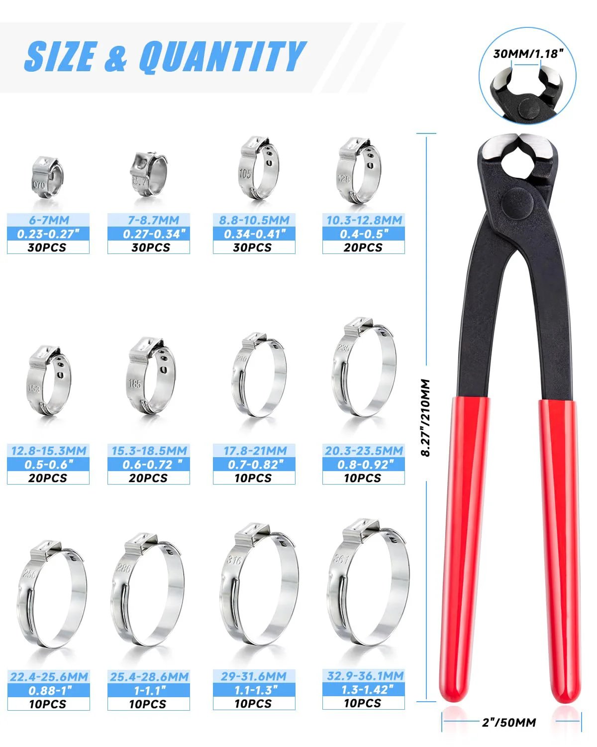 210 Piece Stainless Steel Hose Clamp Kit With 12 Sizes From 6 mm To 36.1 mm Stepless Adjustable Cinch Clamps And Pincer Tool