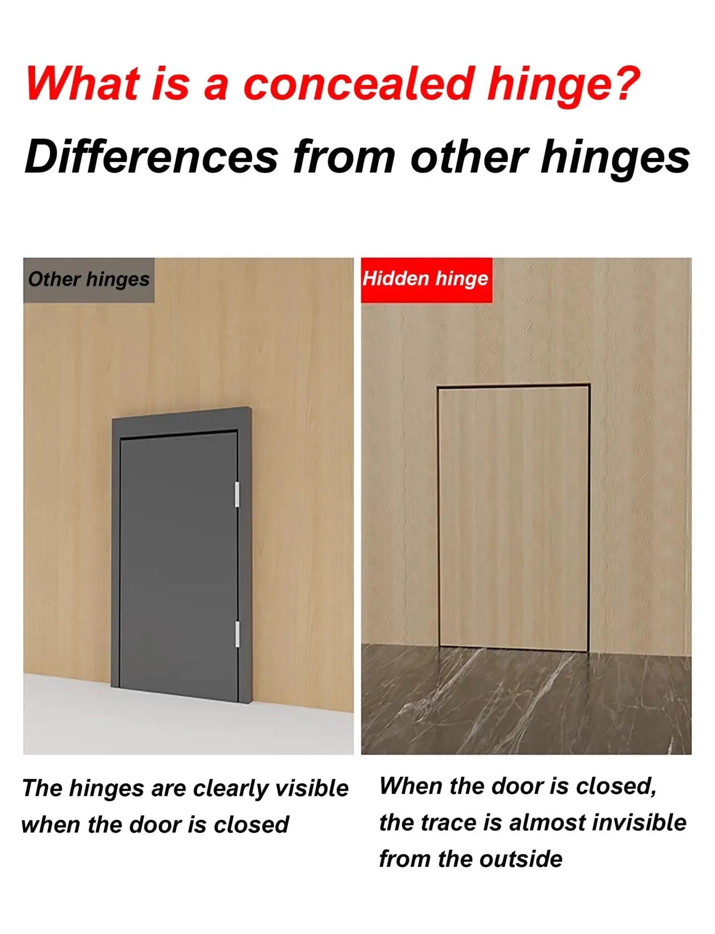 Comparison of traditional hinges vs. concealed hidden hinge on a cabinet door, illustrating invisibility when closed.