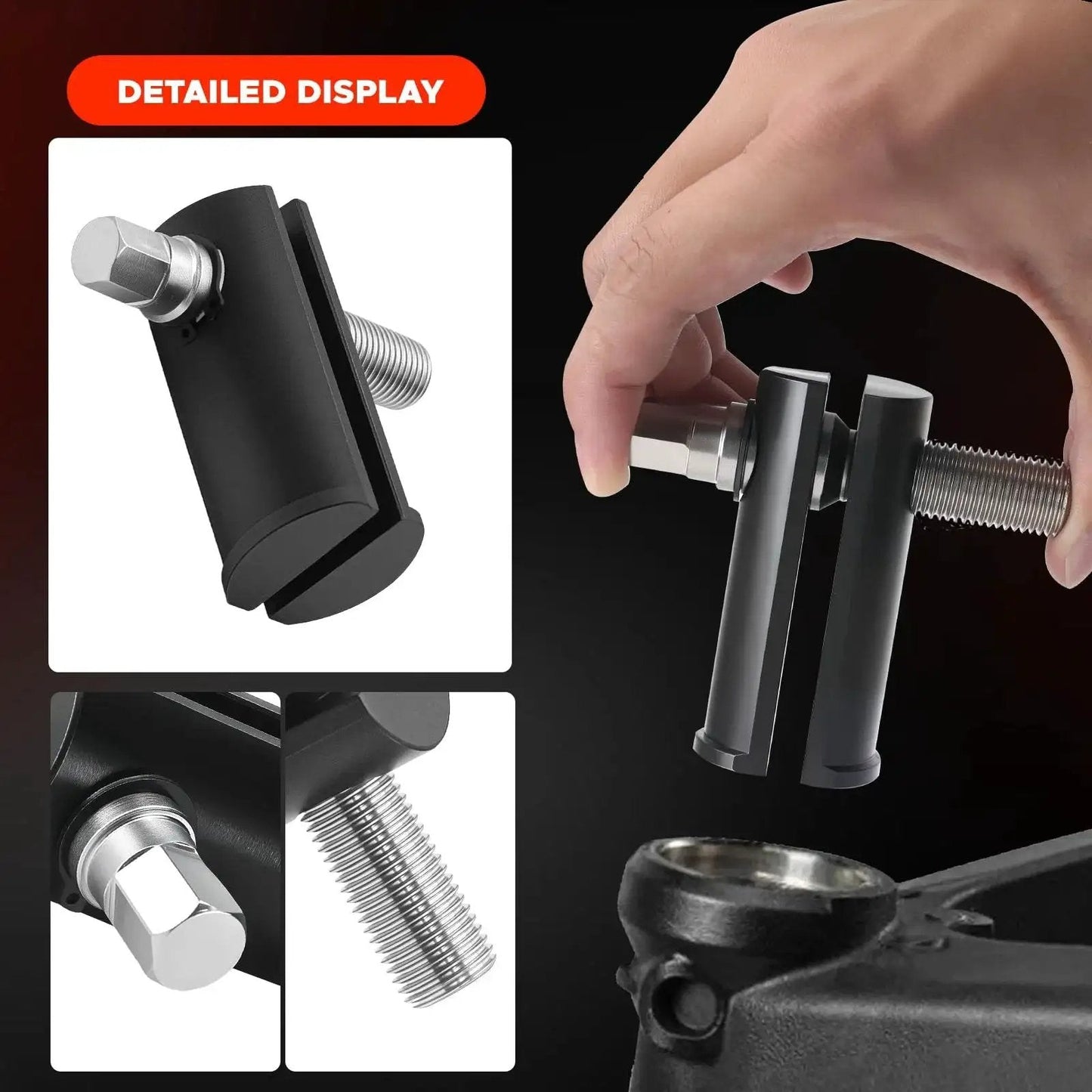 Universal Motorcycle Steering Stem Bearing Race Removal Tool for 1-1/8 to 2-5/8 Inch ID Races in use, close-up details