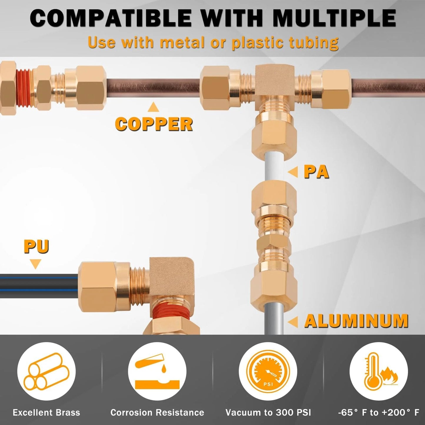 Heavy Duty Brass DOT Air Brake Fittings Kit, 86 Pieces, compression adapters for various metal and plastic tubing connections.