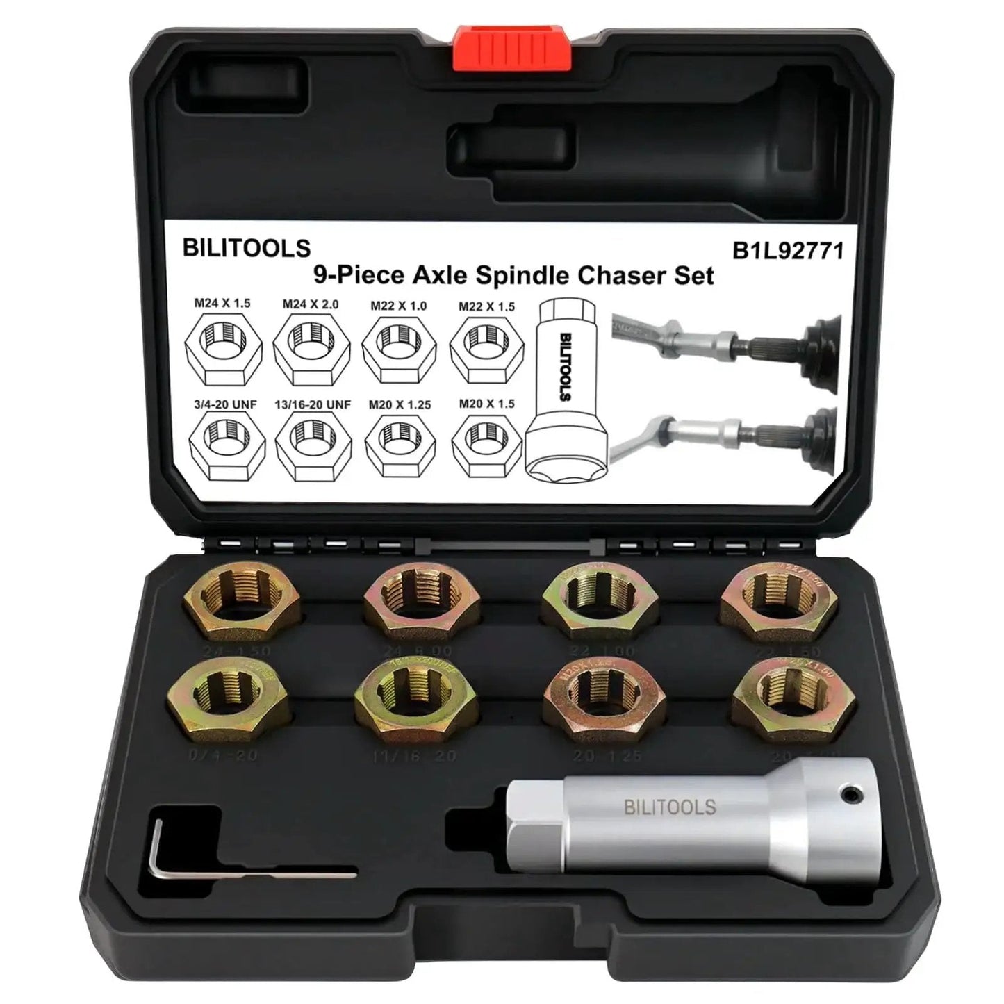 Axle Spindle Thread Repair Kit With 10-Piece Wheel Stud Thread Chaser Set For Metric M20 M22 M24 And UNF includes extension bar in case