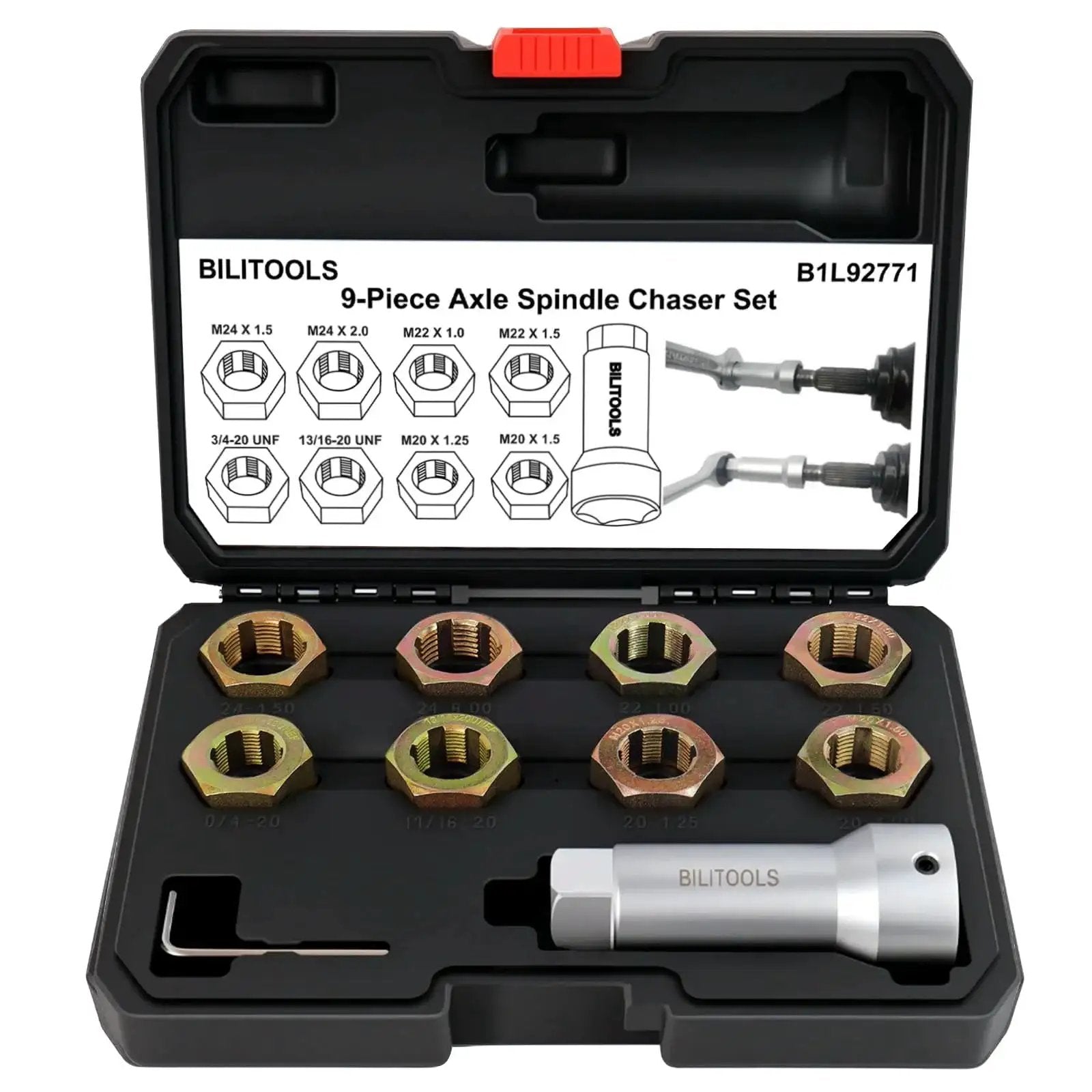 Axle Spindle Thread Repair Kit With 10-Piece Wheel Stud Thread Chaser Set For Metric M20 M22 M24 And UNF includes extension bar in case