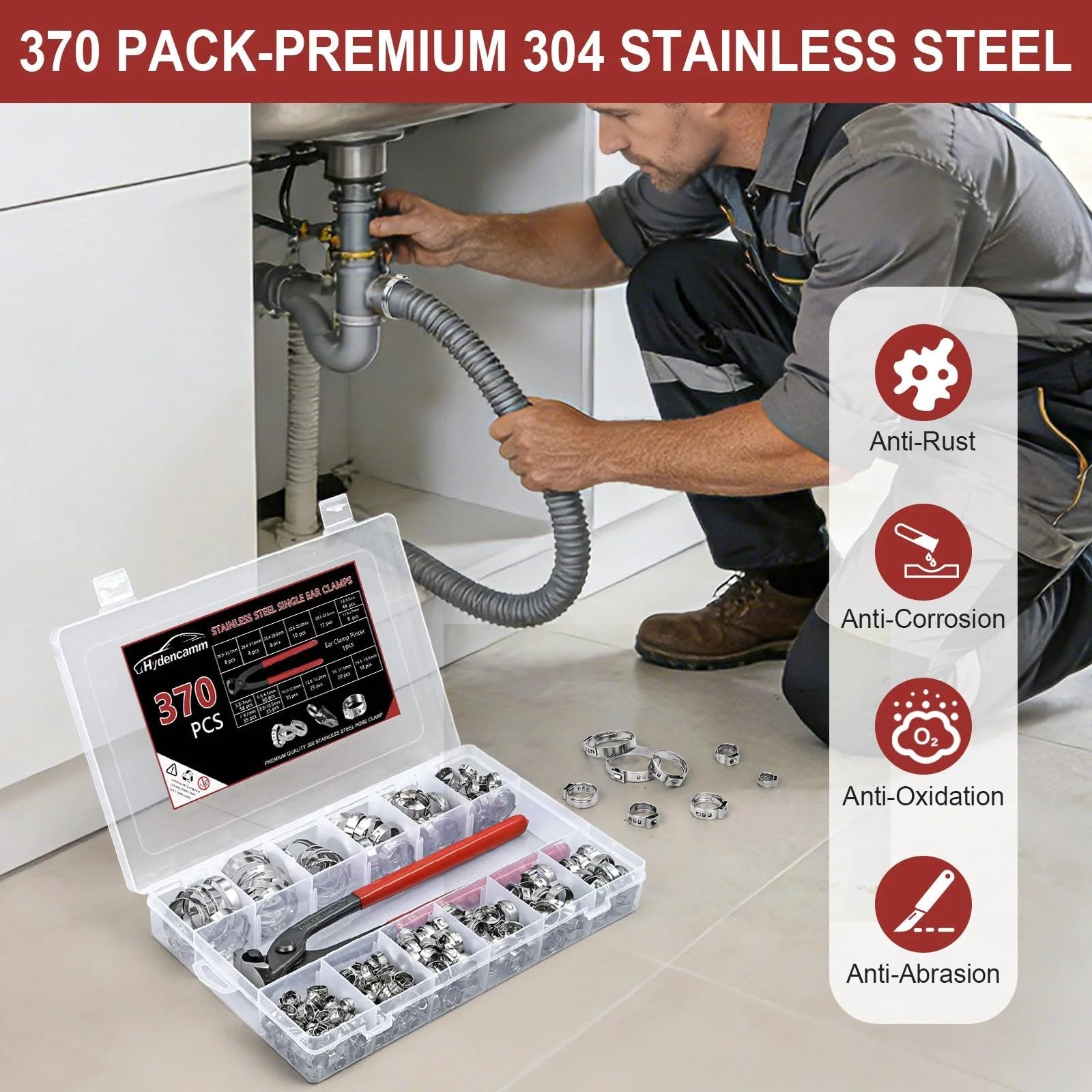 Technician using Pro Grade 370 Piece Hose Clamp Set With 15 Sizes From 5.3 To 33.1mm Single Ear No Sharp Edges Crimp Clamps In 304 Stainless Steel.