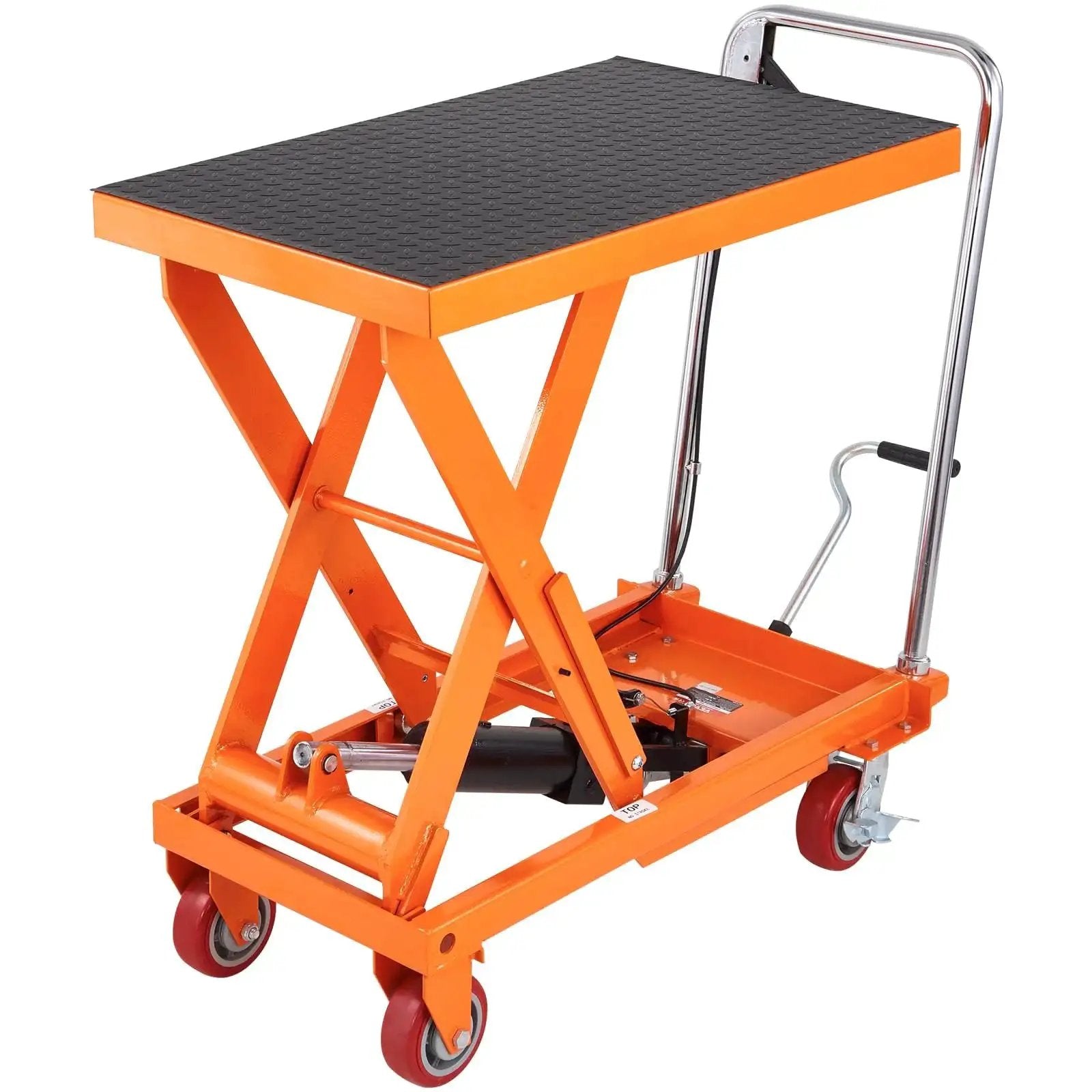 1100 Lbs Hydraulic Lift Table Cart With 11 To 35 Inch Lift Range Four Wheels, shown with steel frame and handle