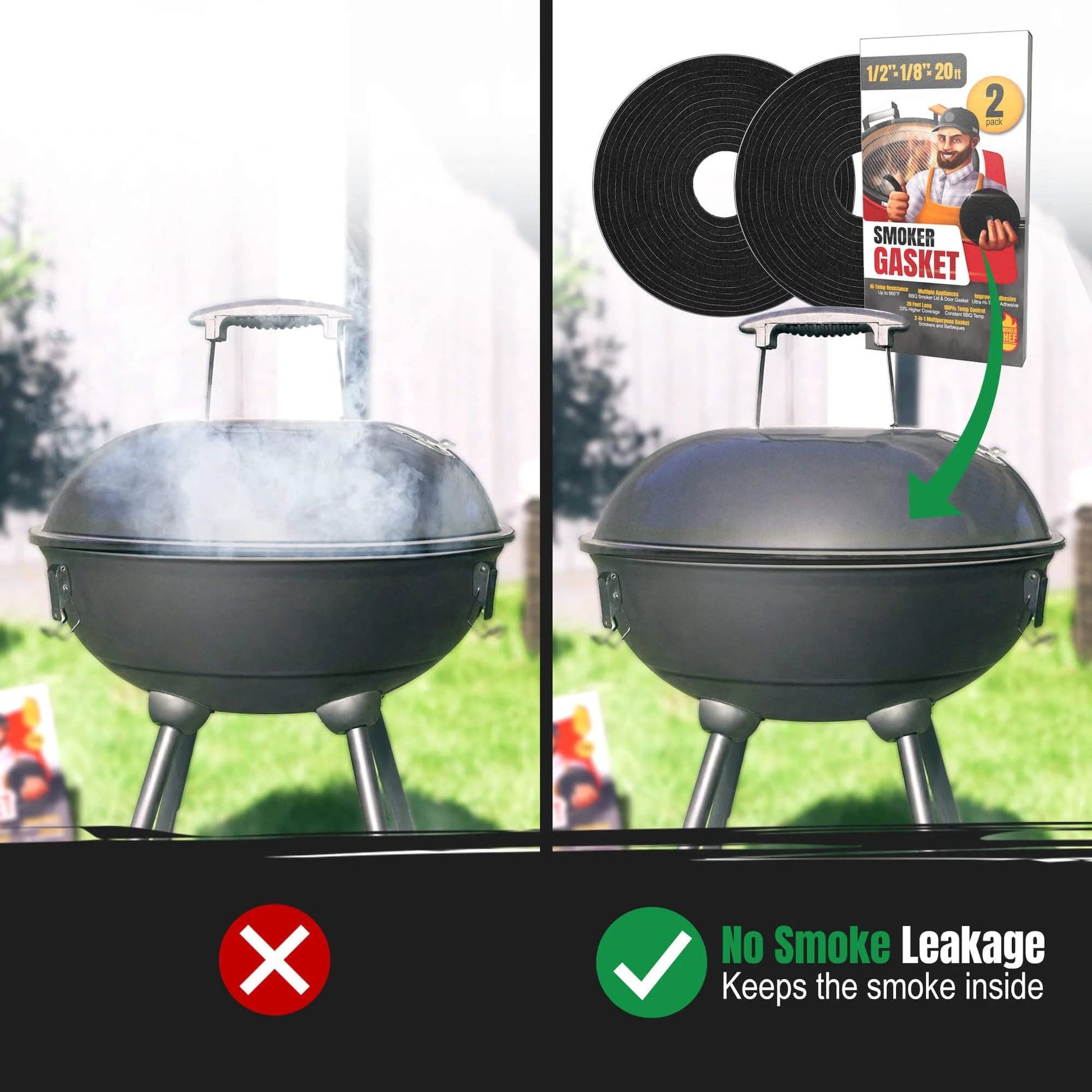 Before and after use of Grill Gasket Upgrade For Smokers And BBQ Folks With Twenty Foot High Temp Seal Kit and Nomex Fire Tape.