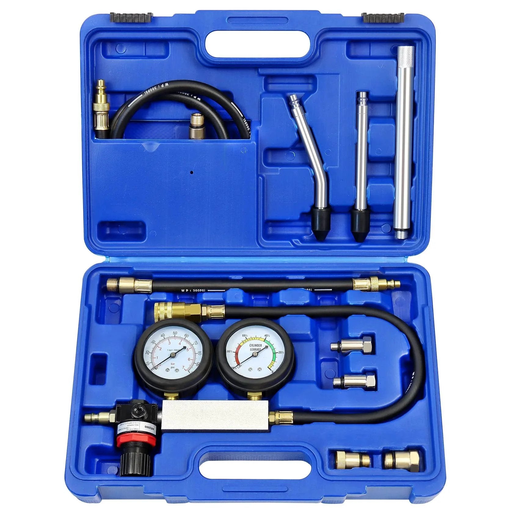 Leak Down Tester Kit For Cars And Small Engines With Dual Gauge Pressure Readout Garage Grade Extension Rods And 3 In 1 Cylinder Diagnostic Tool For Accurate Compression Checks And Leakage Rate Testing Blue case with gauges and components.