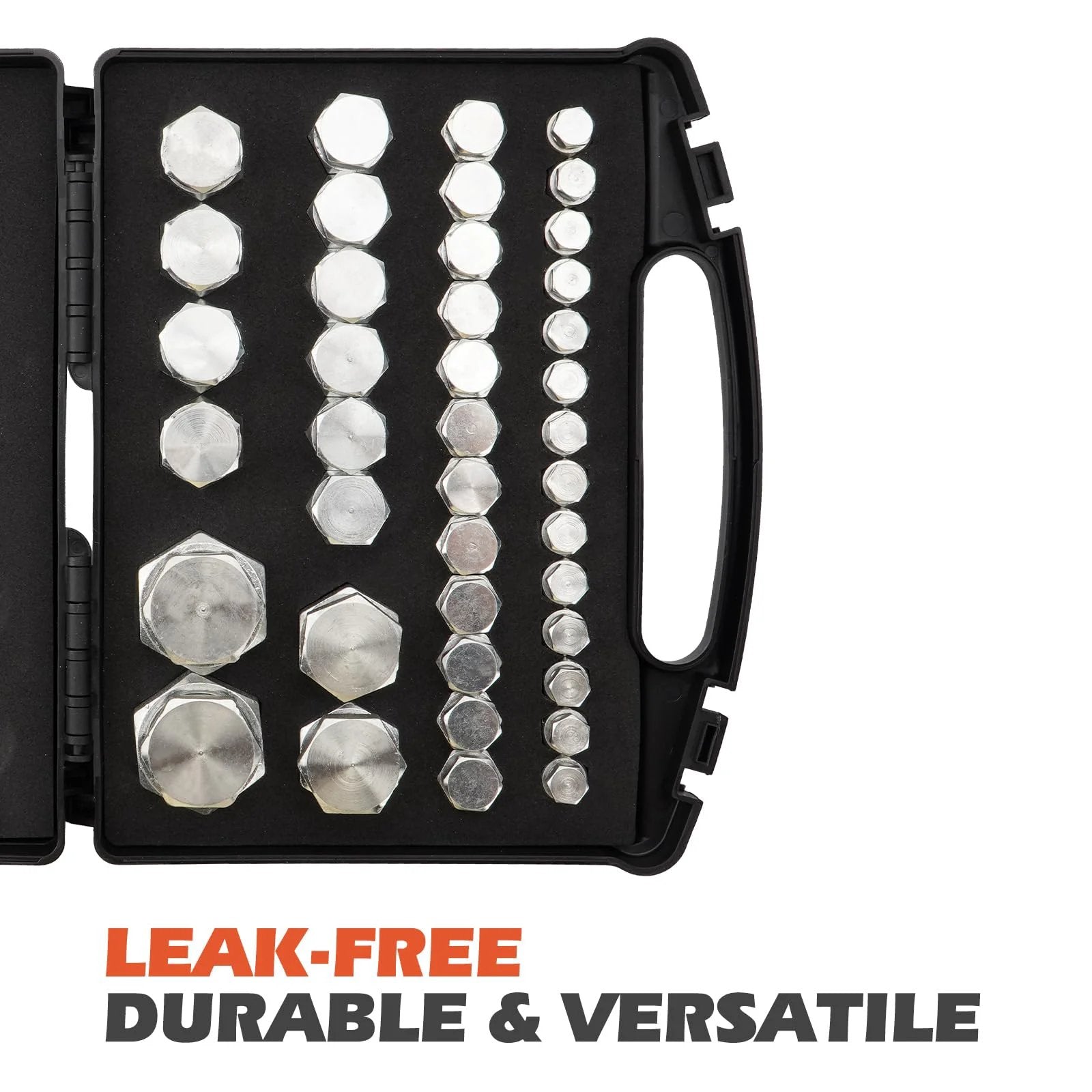 Leak-Proof JIC 37 Degree Flare Cap And Plug Kit, 80-Piece Hydraulic Fitting Set, shown in black case with multiple fittings.