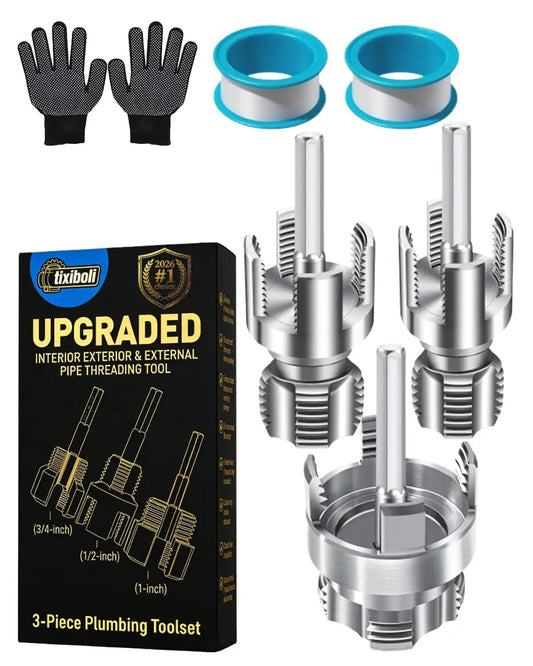 4 In 1 Water Pipe Threader Kit For One Half Inch, Three Quarter Inch, And One Inch Pipes, Carbon Steel Construction, Three Piece Set With Internal And External Threading Dies, Corrugated Tool For Plastic Pipes And Garden Hose, showing gloves and tape.
