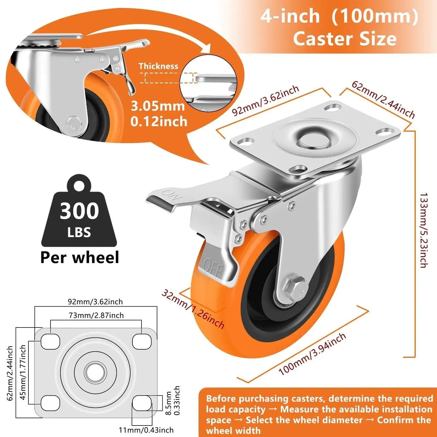 Illustration of 4 Inch Heavy Duty Caster Wheels Set Of 4 With Dual Pedal Locking Brakes, dimensions and weight capacity shown